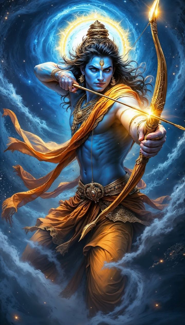 Lord Ram drawing his bow, divine warrior