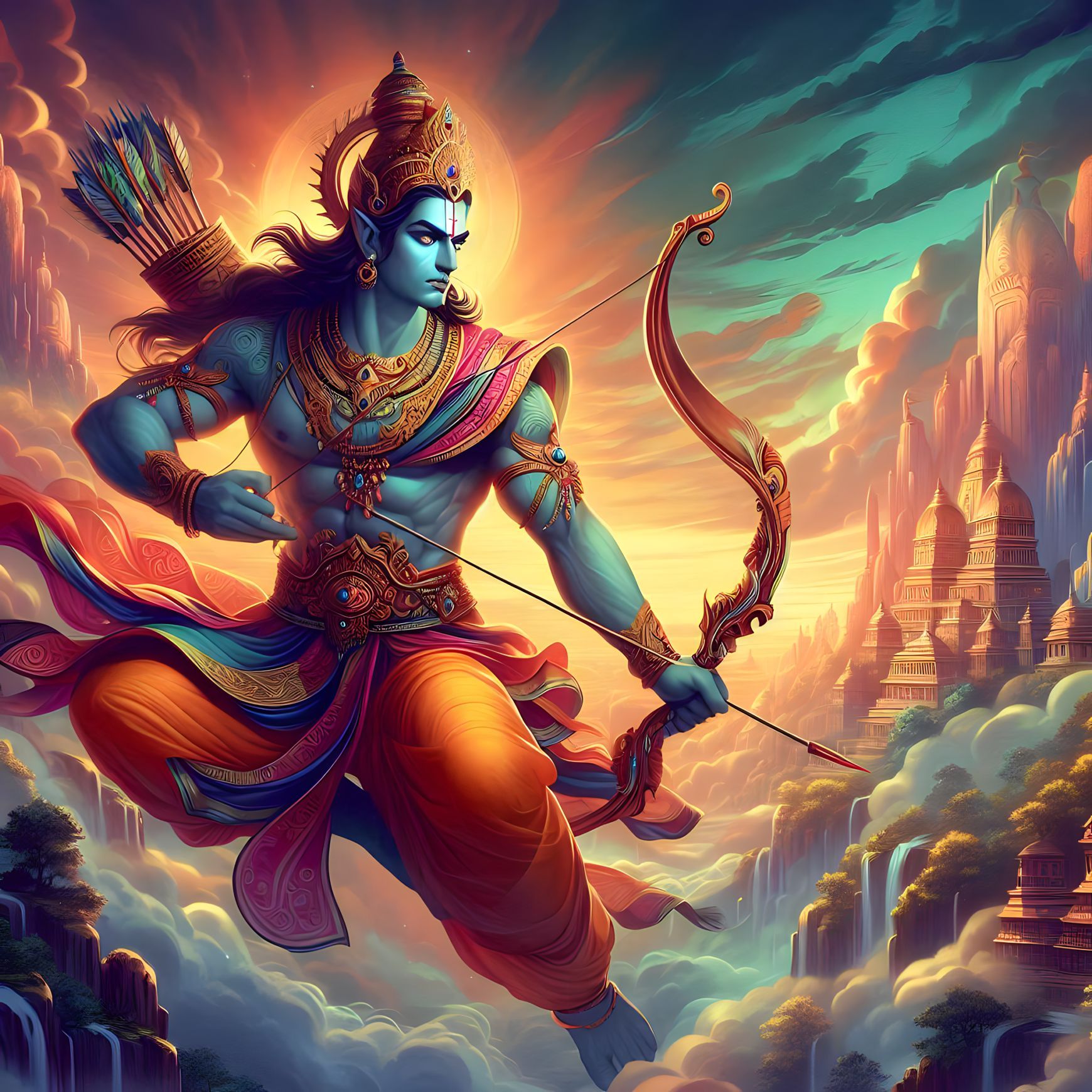 Lord Ram drawing his bow, divine warrior