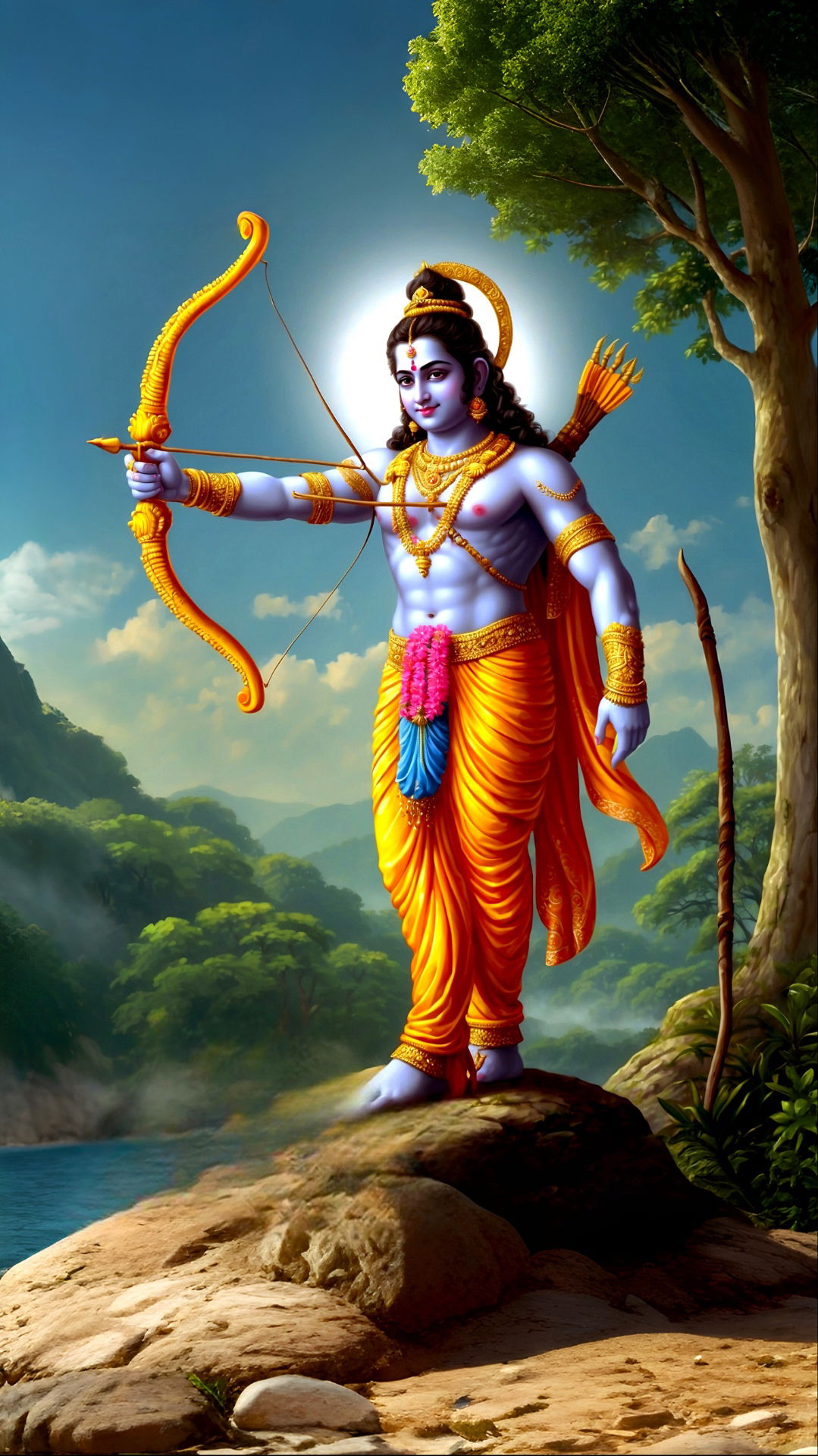 Lord Ram aims arrow in forest.