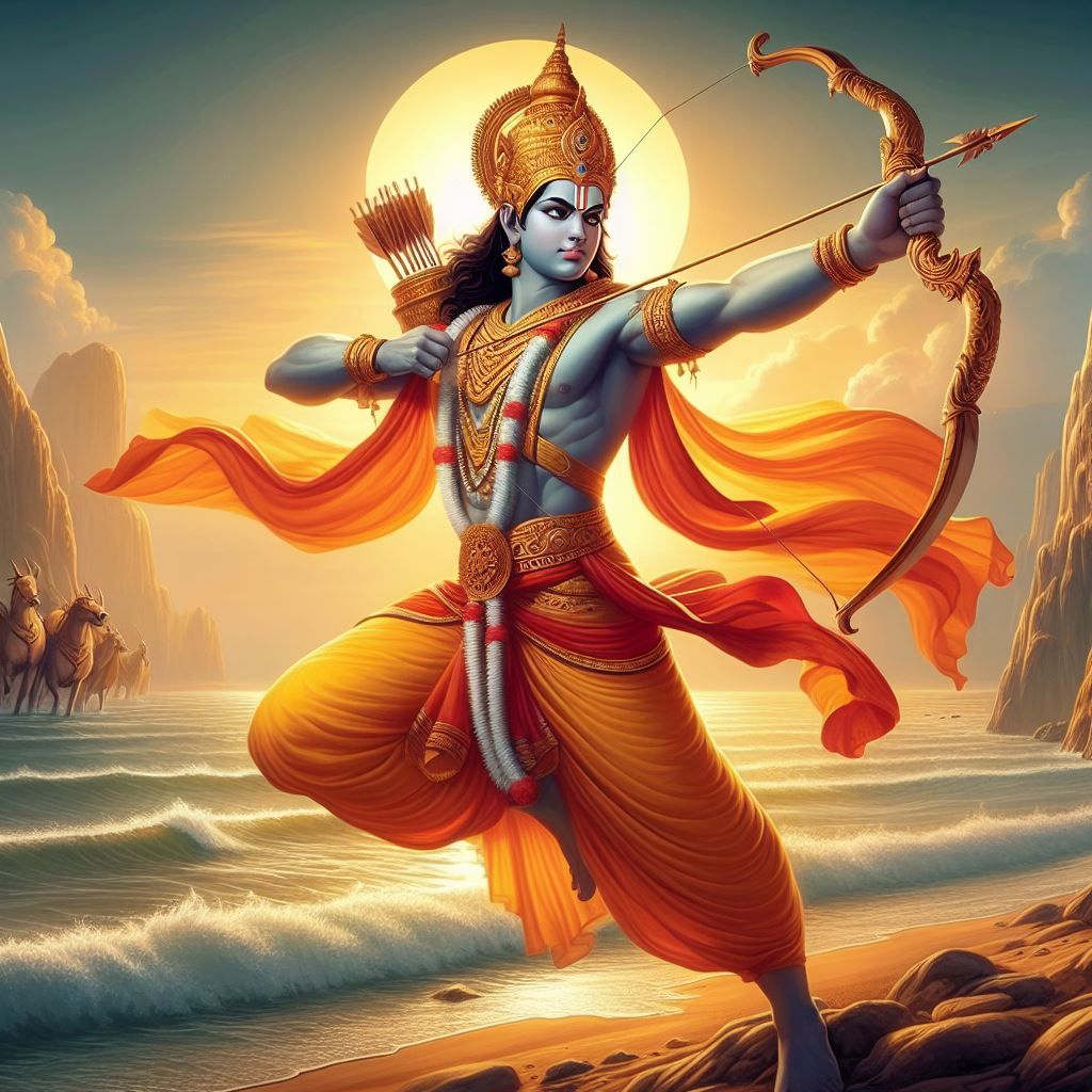 Lord Ram drawing bow on beach