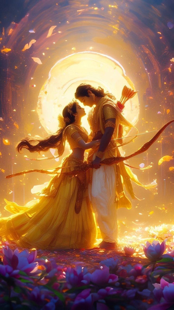 Ram and Sita in a golden embrace