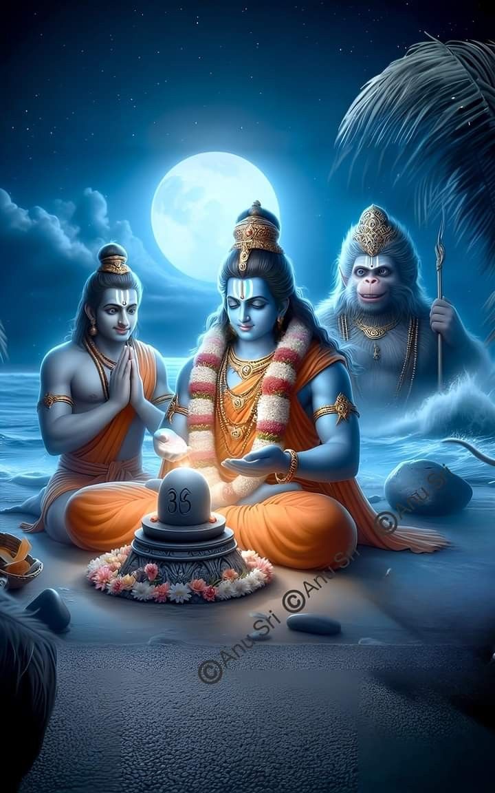 Ram, Lakshman, Sita, Hanuman ocean prayer