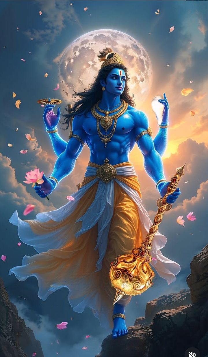 Blue-skinned Ram standing with bow and lotus