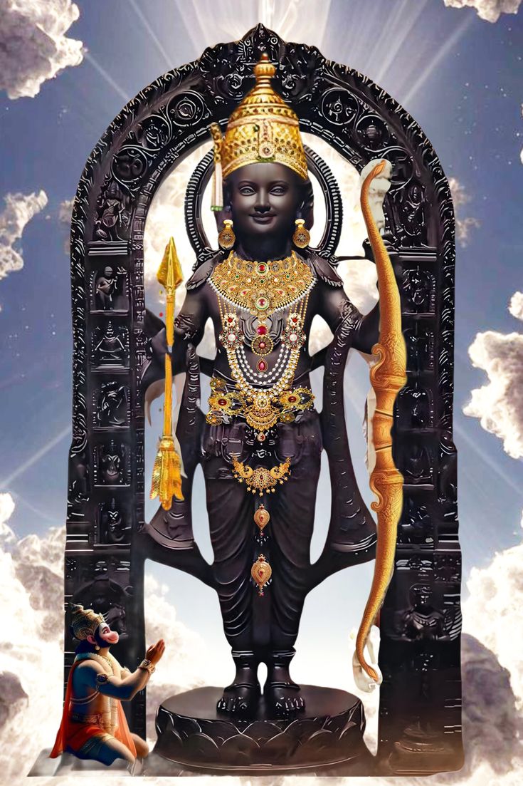 Lord Ram with bow and Hanuman praying