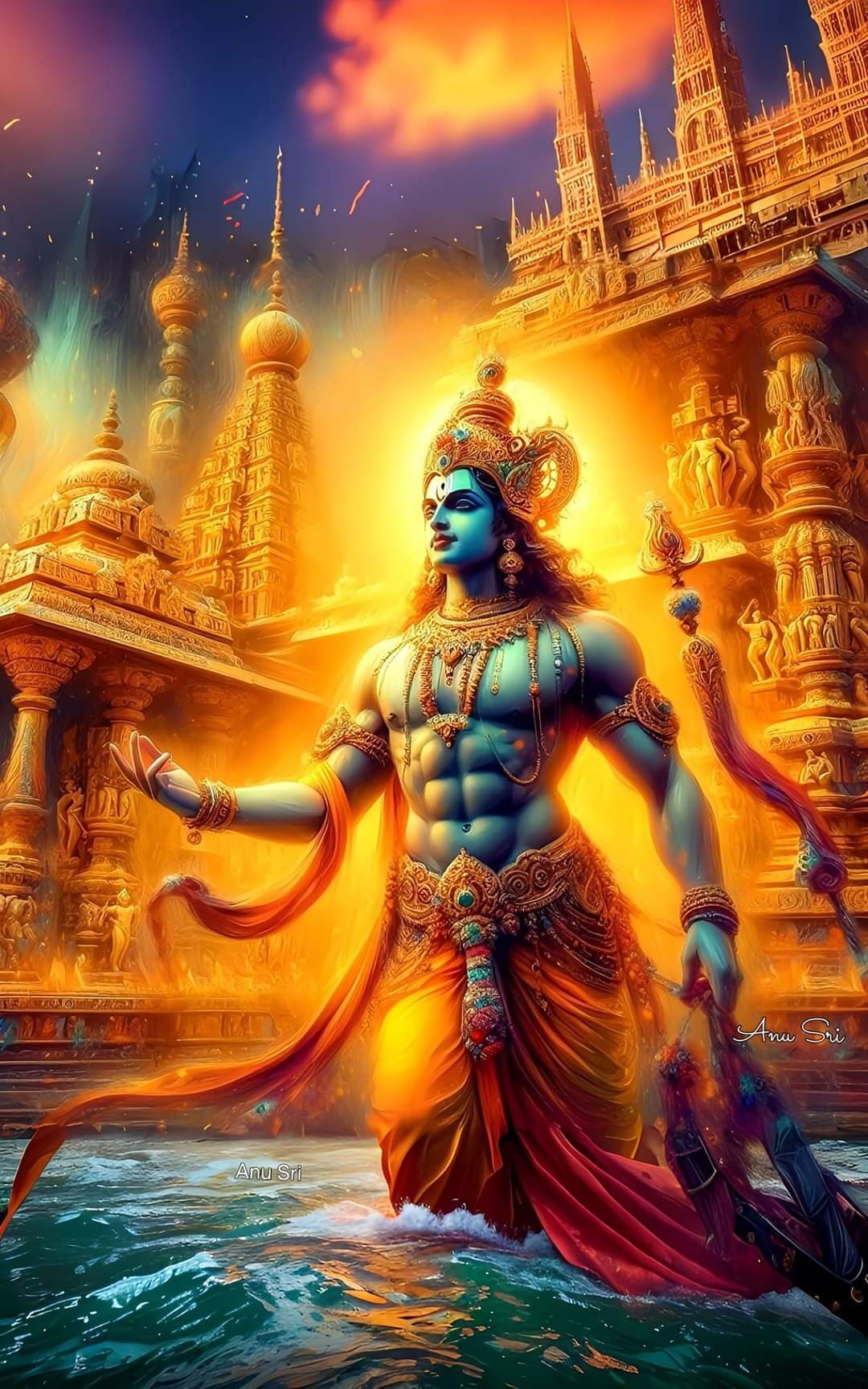 Lord Ram stands before a golden city.