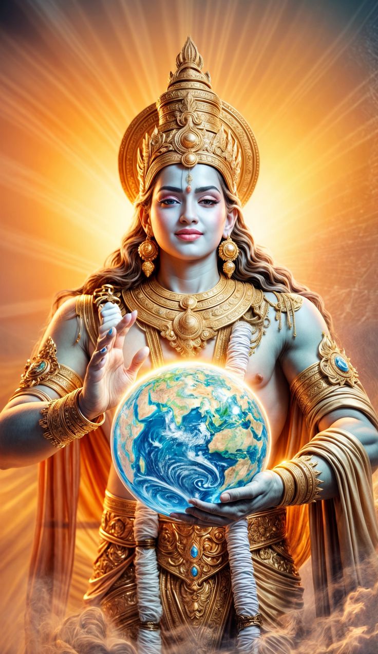 Lord Ram holding a glowing world.