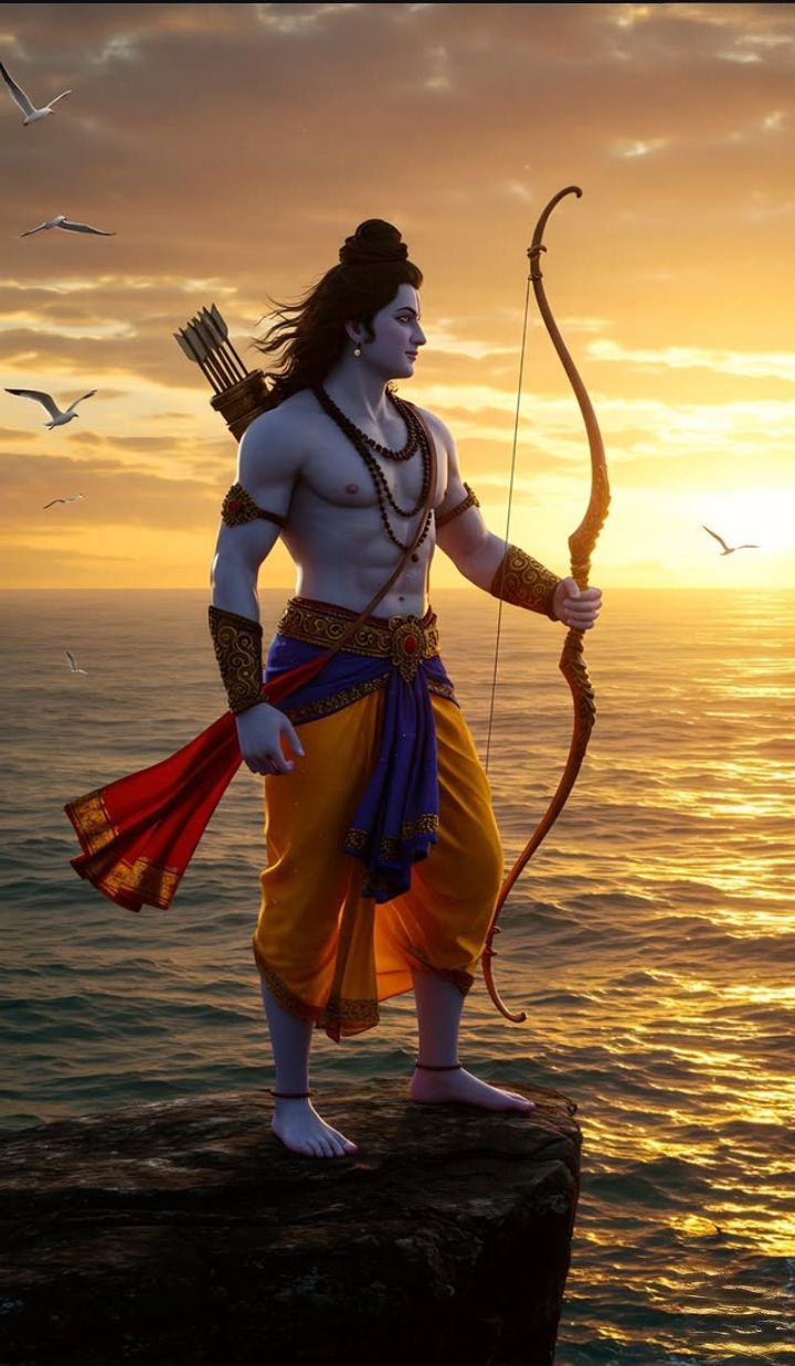 Lord Ram with bow at sunset