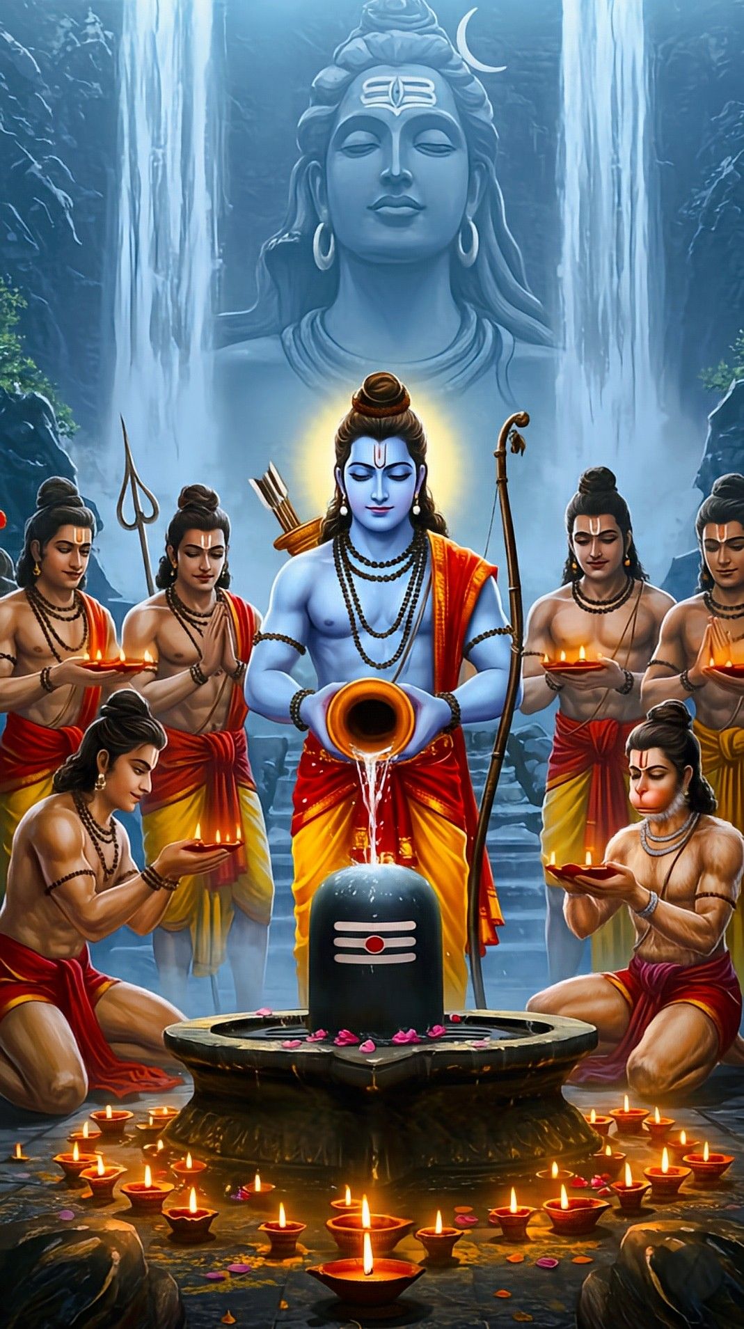 Lord Ram with Shiva and Hanuman devotional art