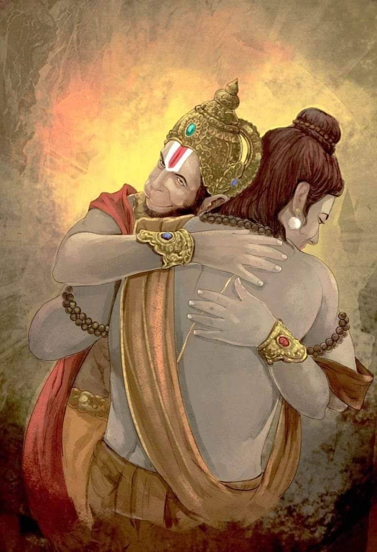 Ram and Hanuman in a loving embrace.