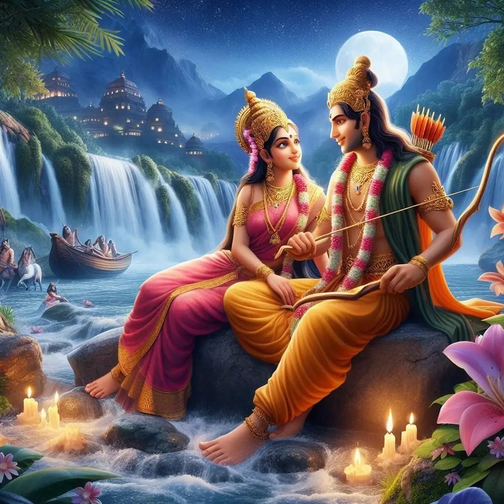 Ram and Sita by a waterfall
