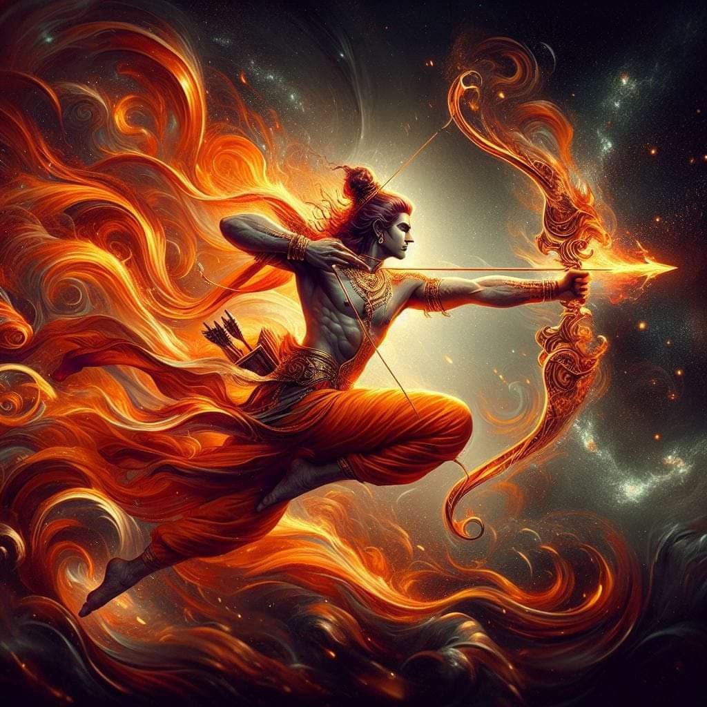 Lord Ram aiming arrow, fiery depiction