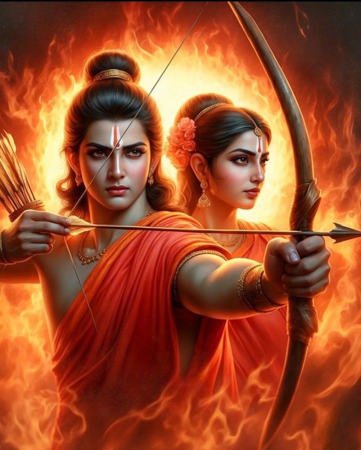 Lord Ram and Sita in fiery backdrop