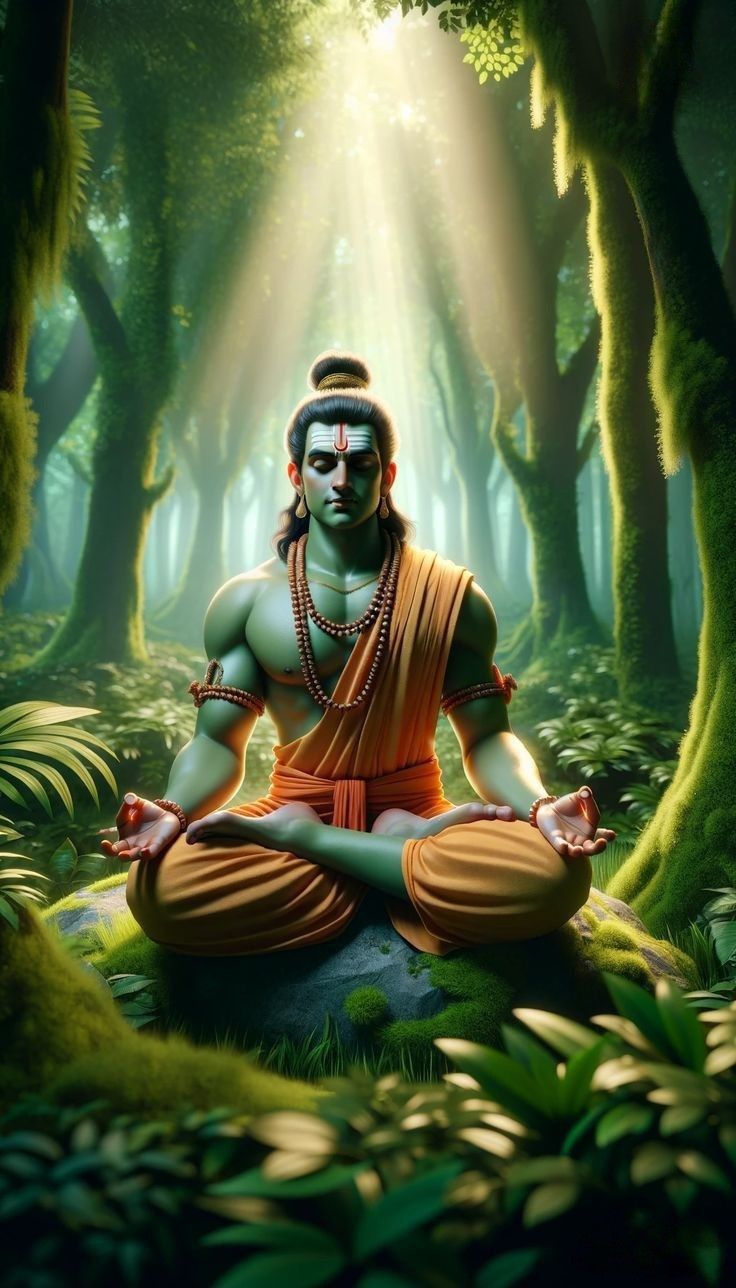 Ram meditating in a serene forest
