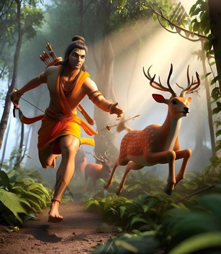 Lord Ram hunting in a forest scene