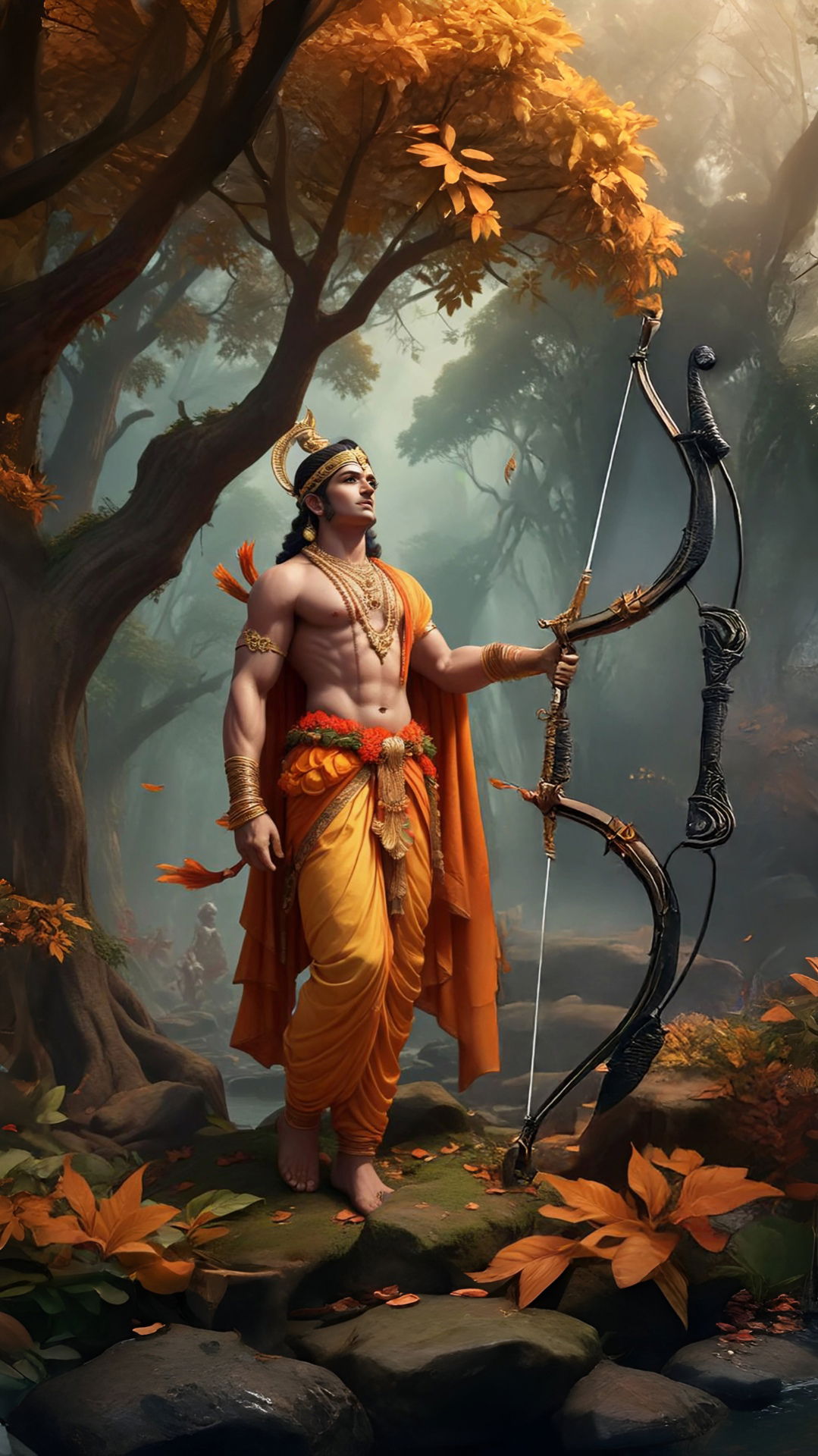 Lord Ram stands with bow in forest