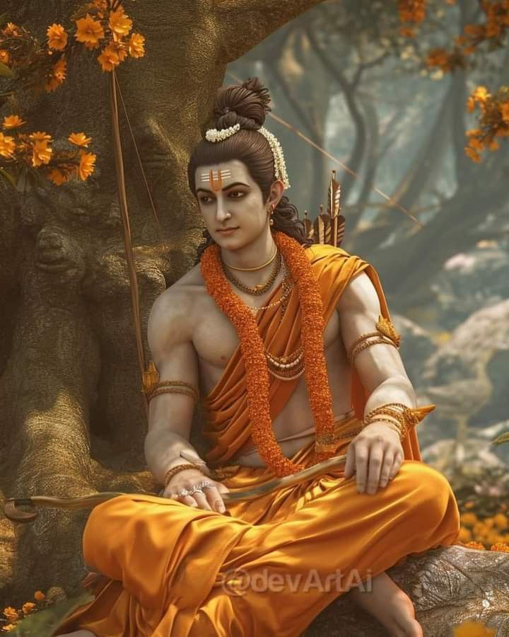 Lord Ram seated in a forest hermitage