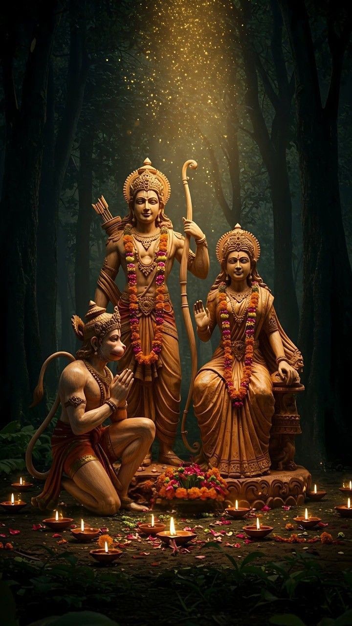 Ram, Sita, and Hanuman in a forest