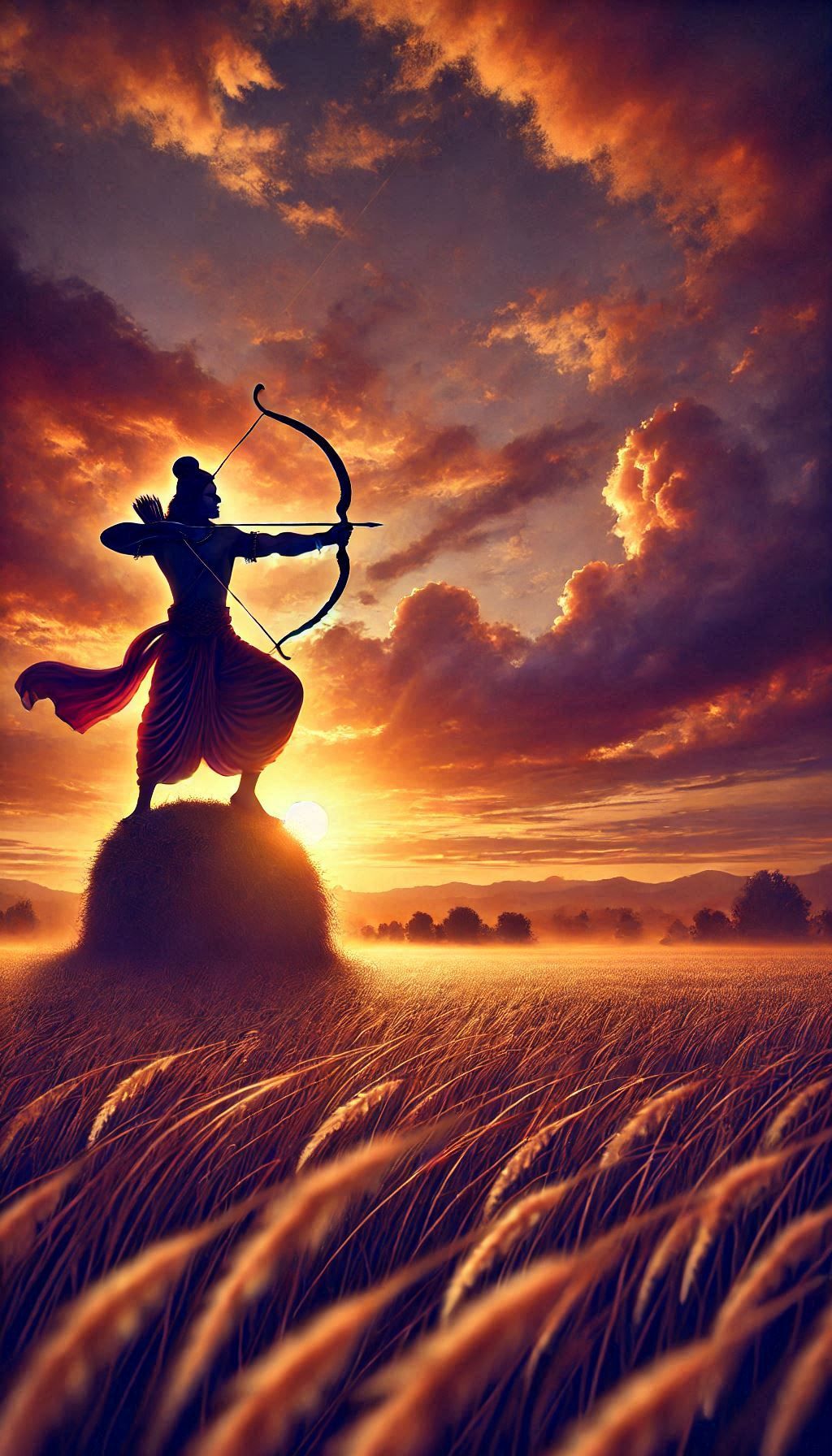 Lord Ram aims arrow at sunset.