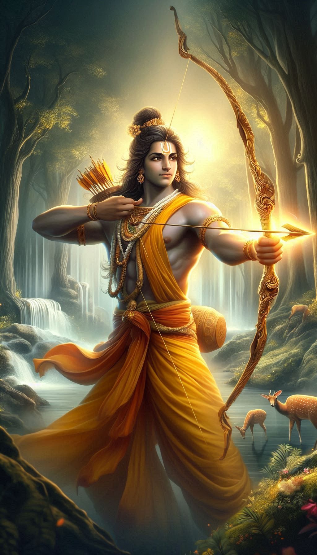 Lord Ram aiming arrow in forest