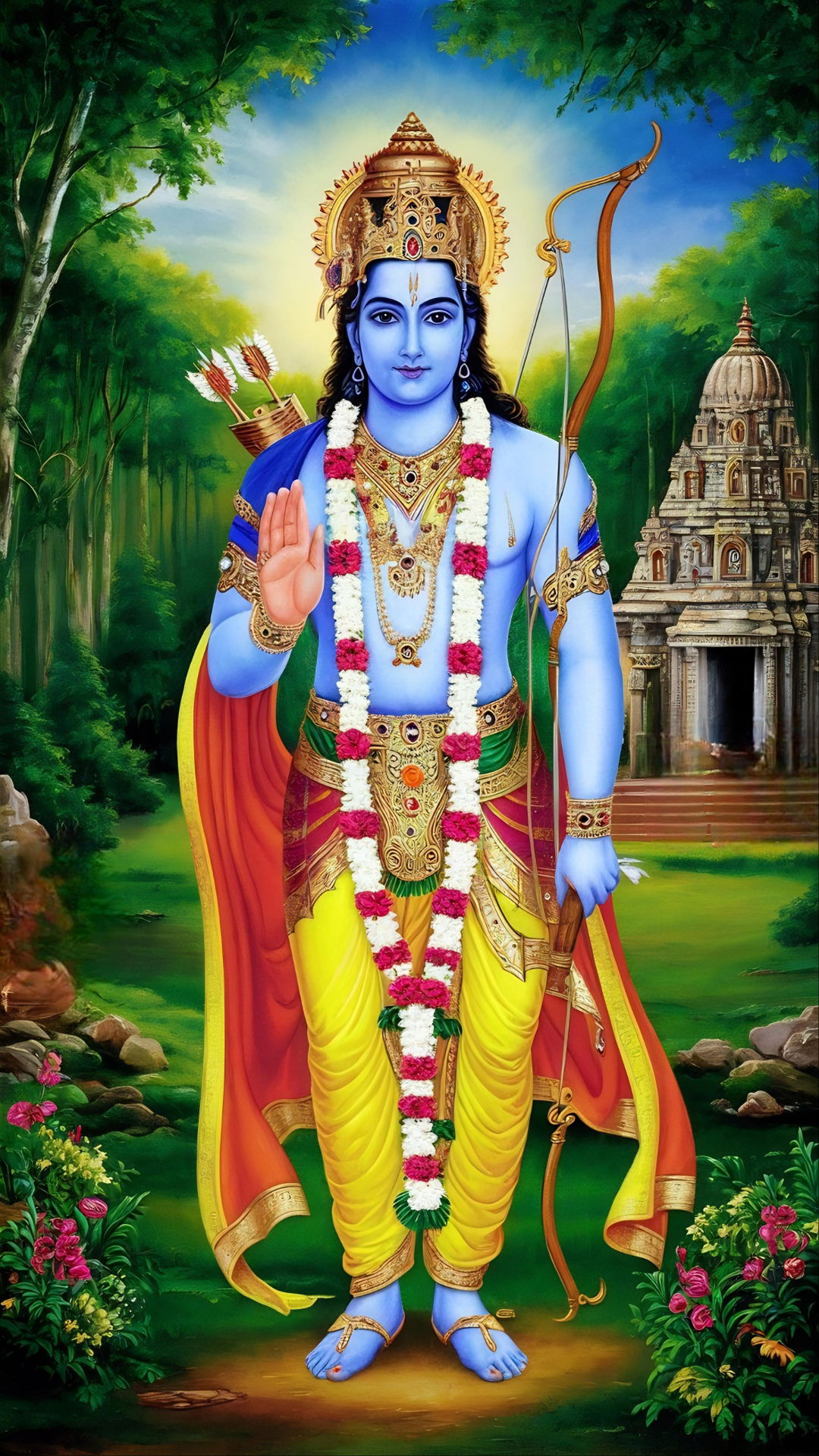 Lord Ram stands in a lush forest