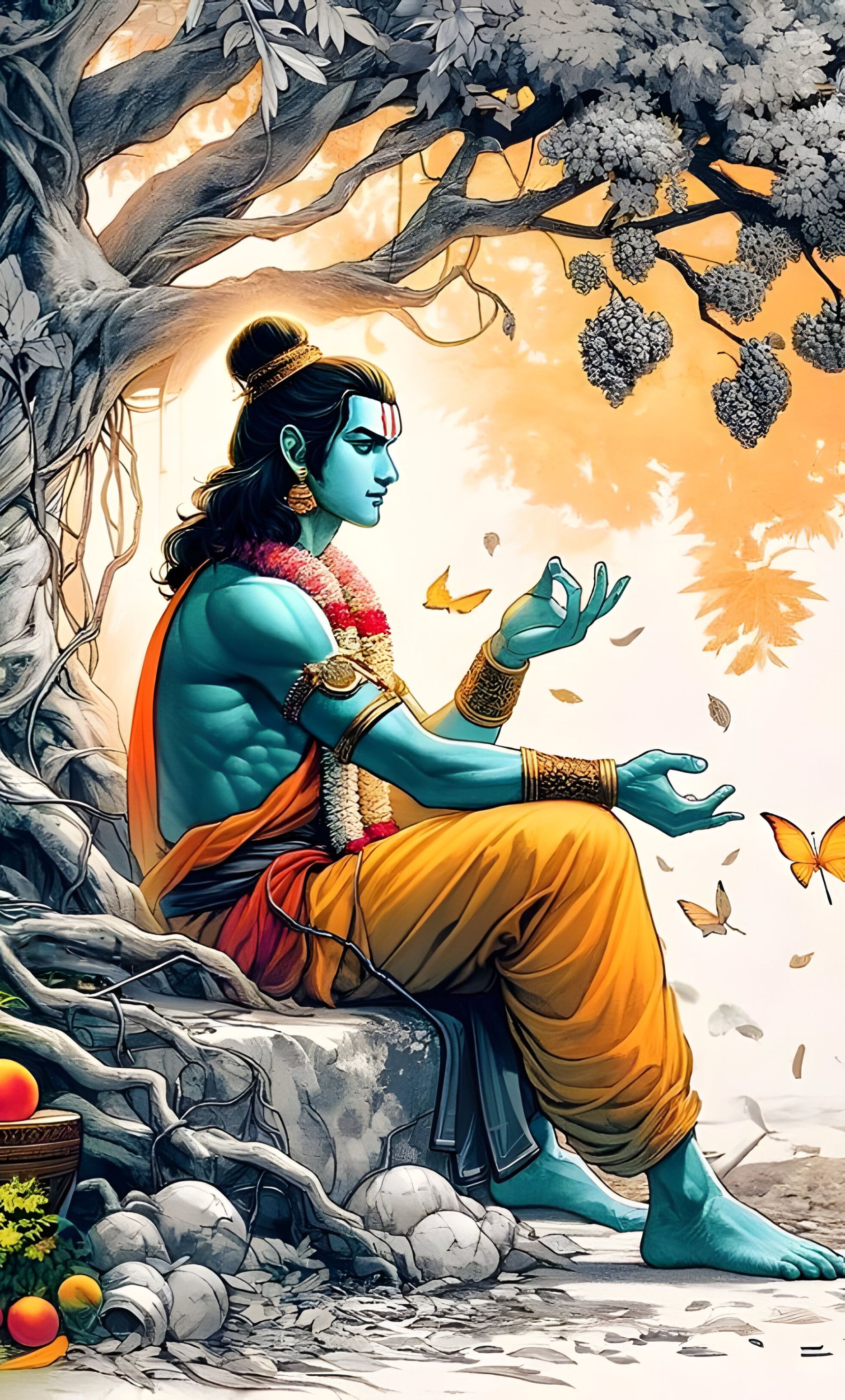 Blue-skinned Ram meditating in the forest.