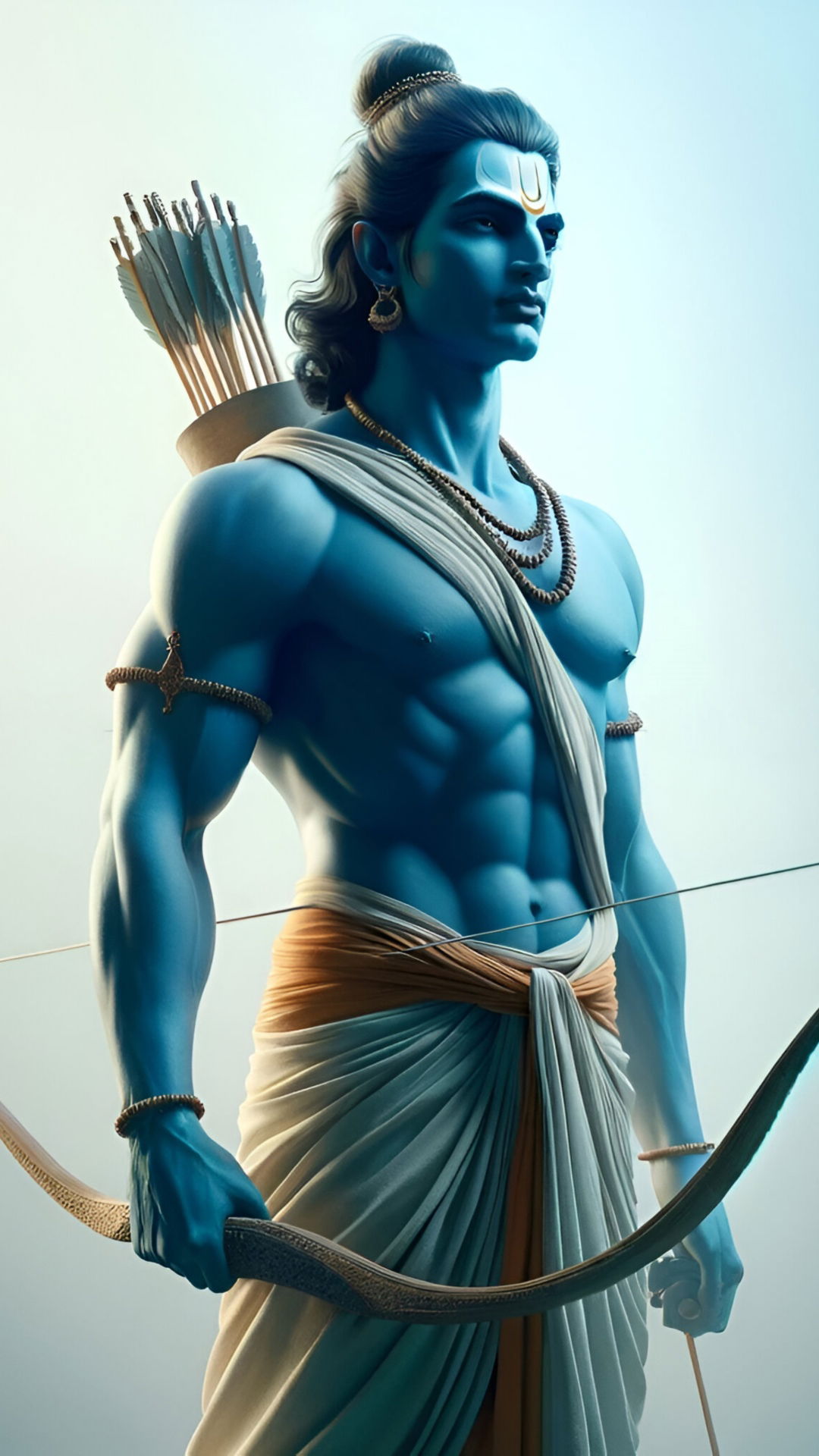 Lord Ram stands with bow and arrow.
