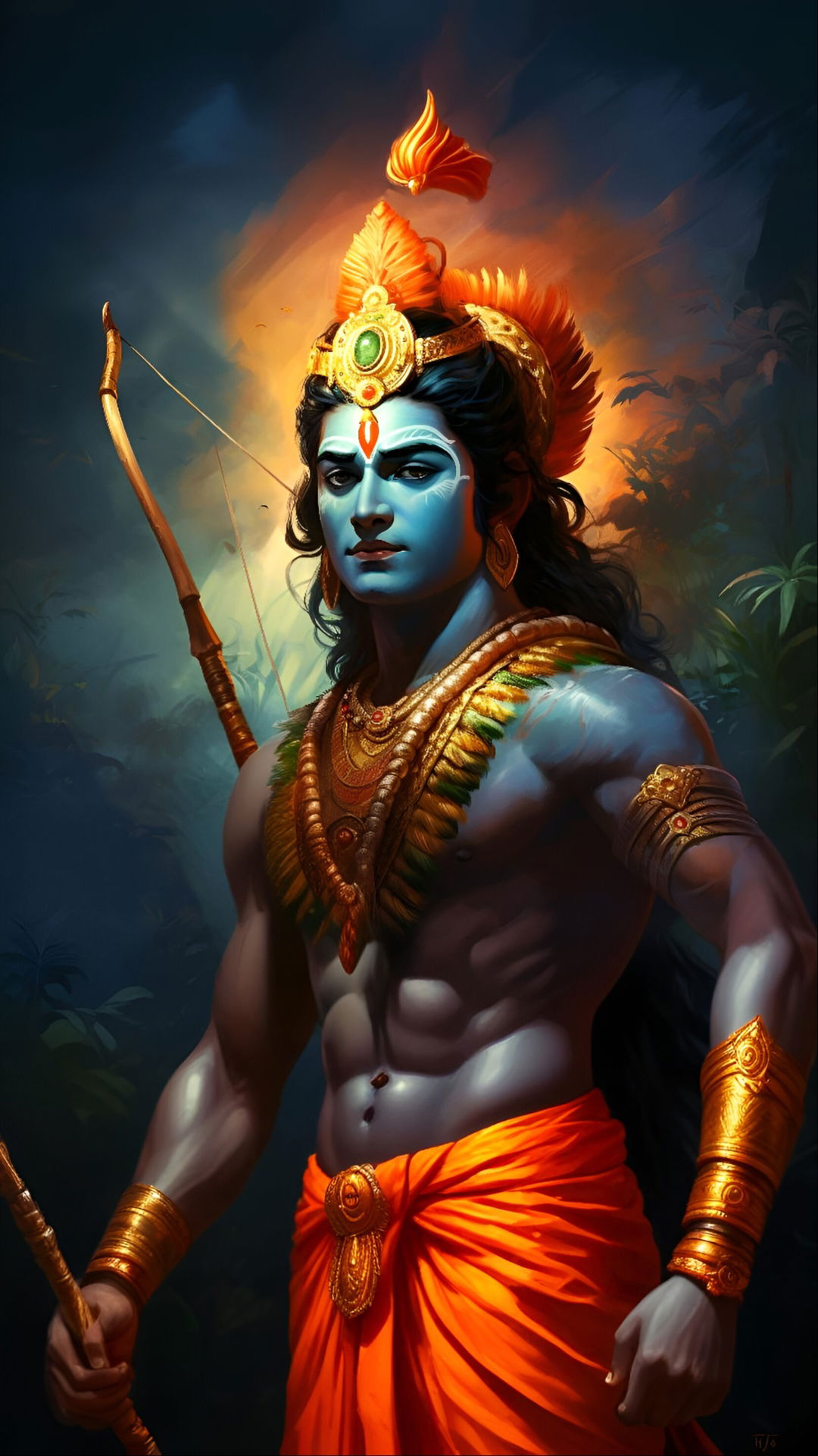 Lord Ram, warrior, blue skin, forest setting