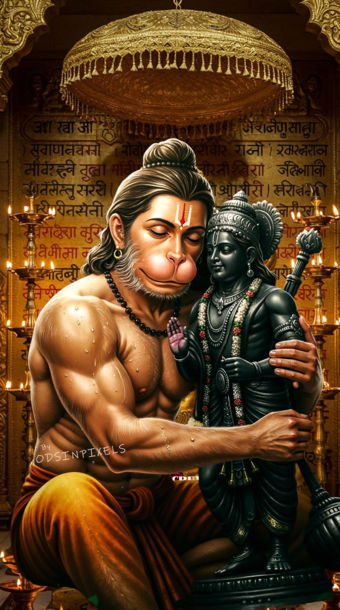 Hanuman holds Ram and Sita image