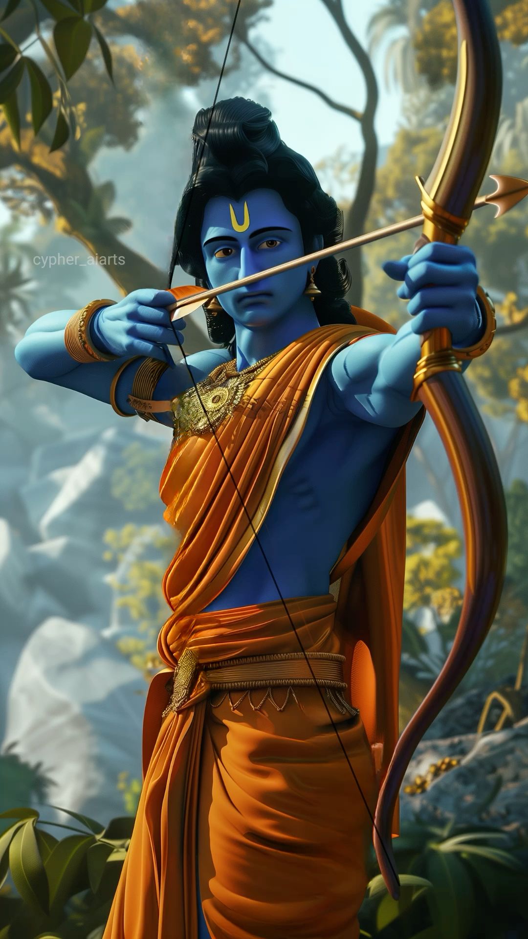 Lord Ram drawing bow in forest