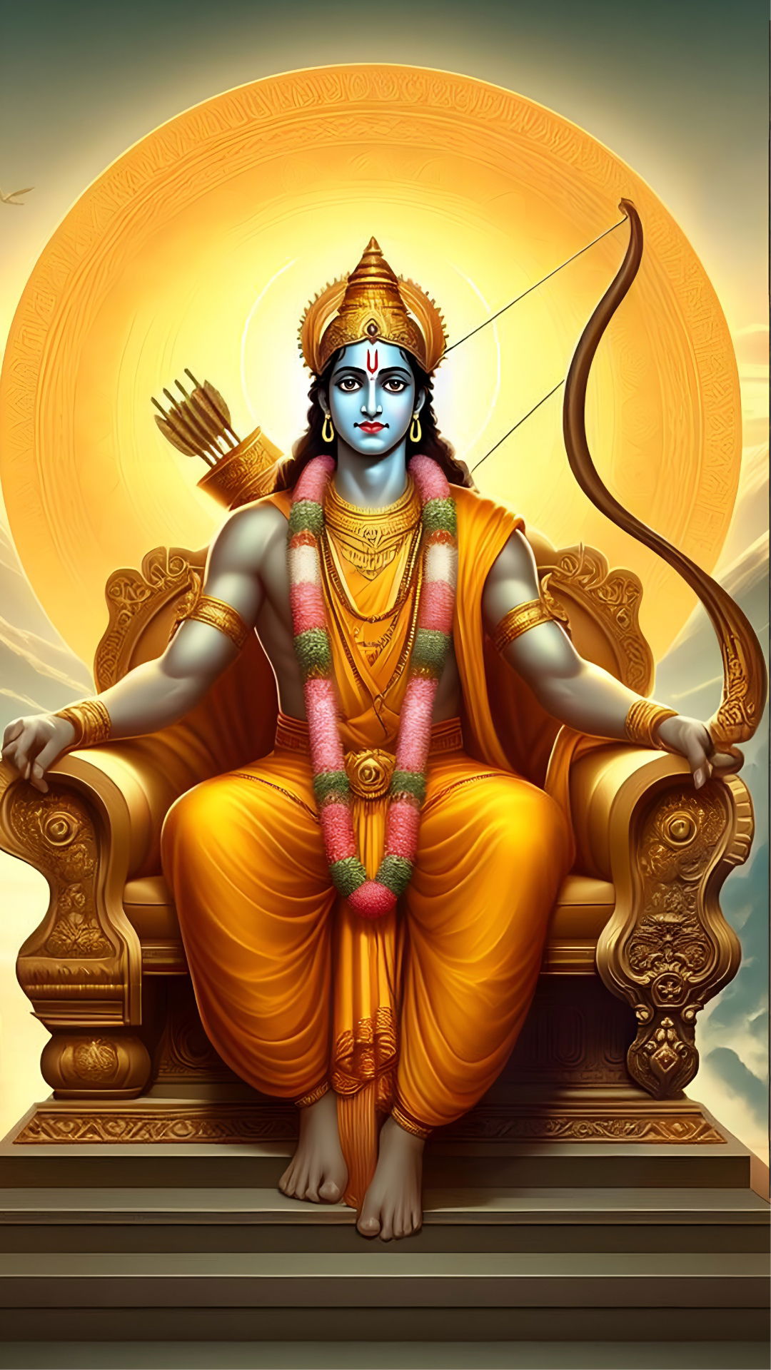 Lord Ram seated with bow and arrow.