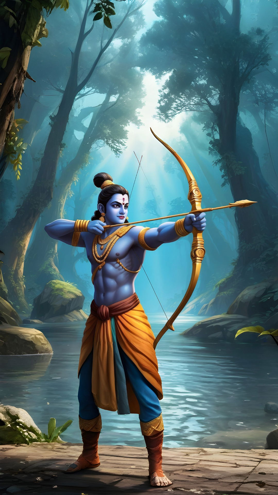 Lord Ram aims his bow in forest