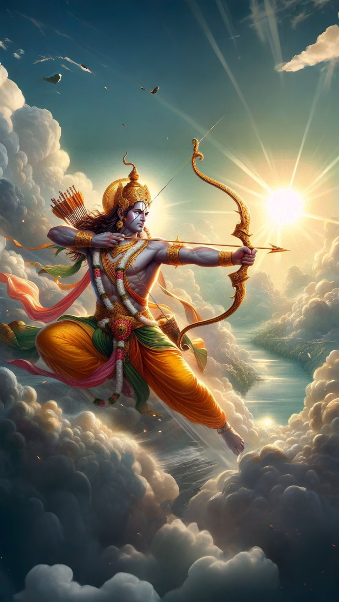 Lord Ram aims arrow, divine warrior.