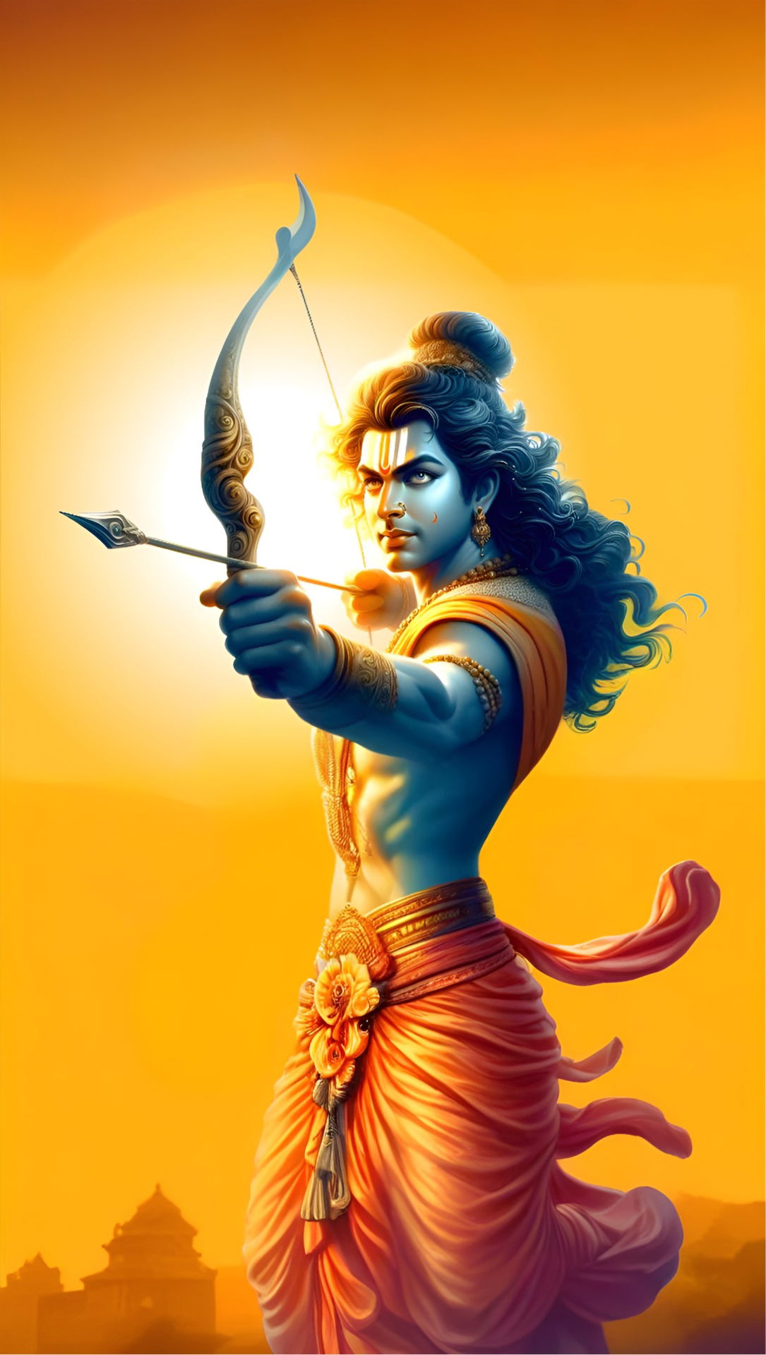 Lord Ram drawing bow, divine warrior