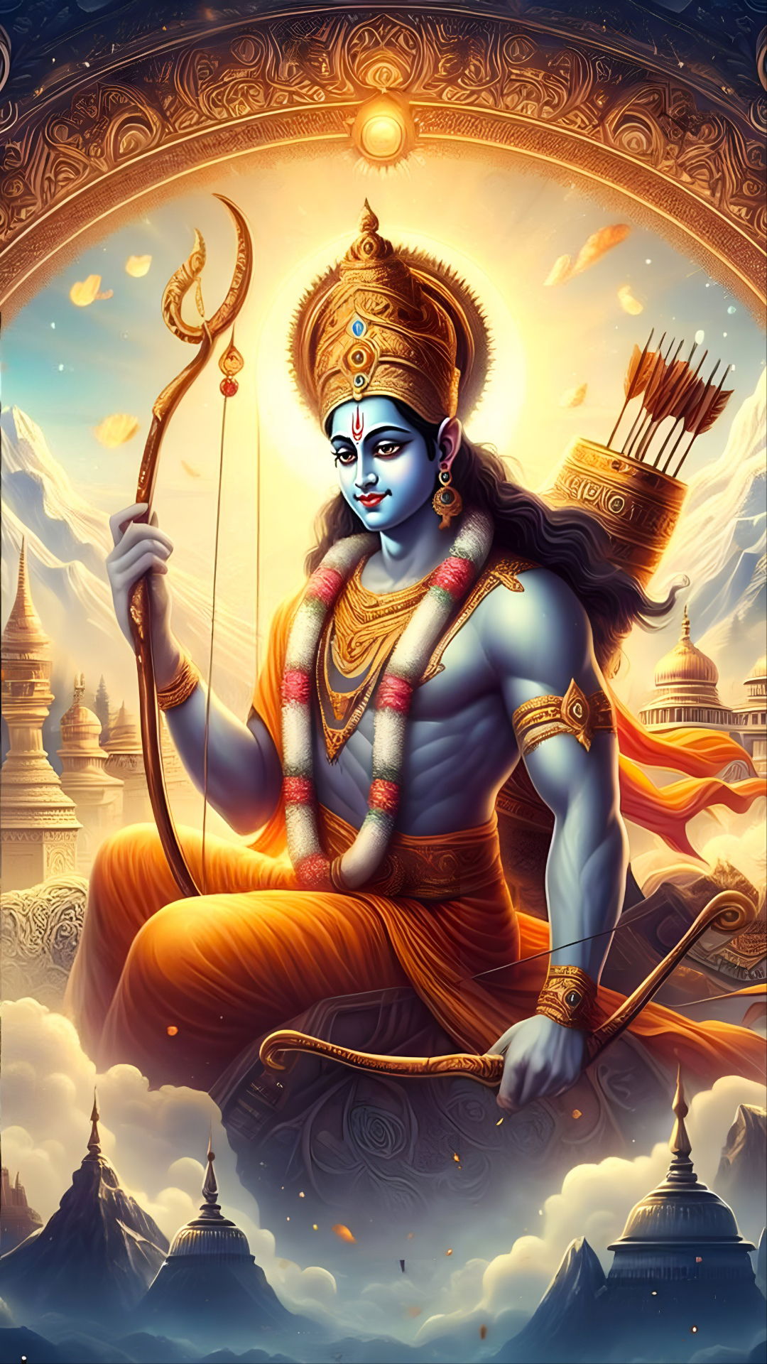 Lord Ram stands with bow and arrow