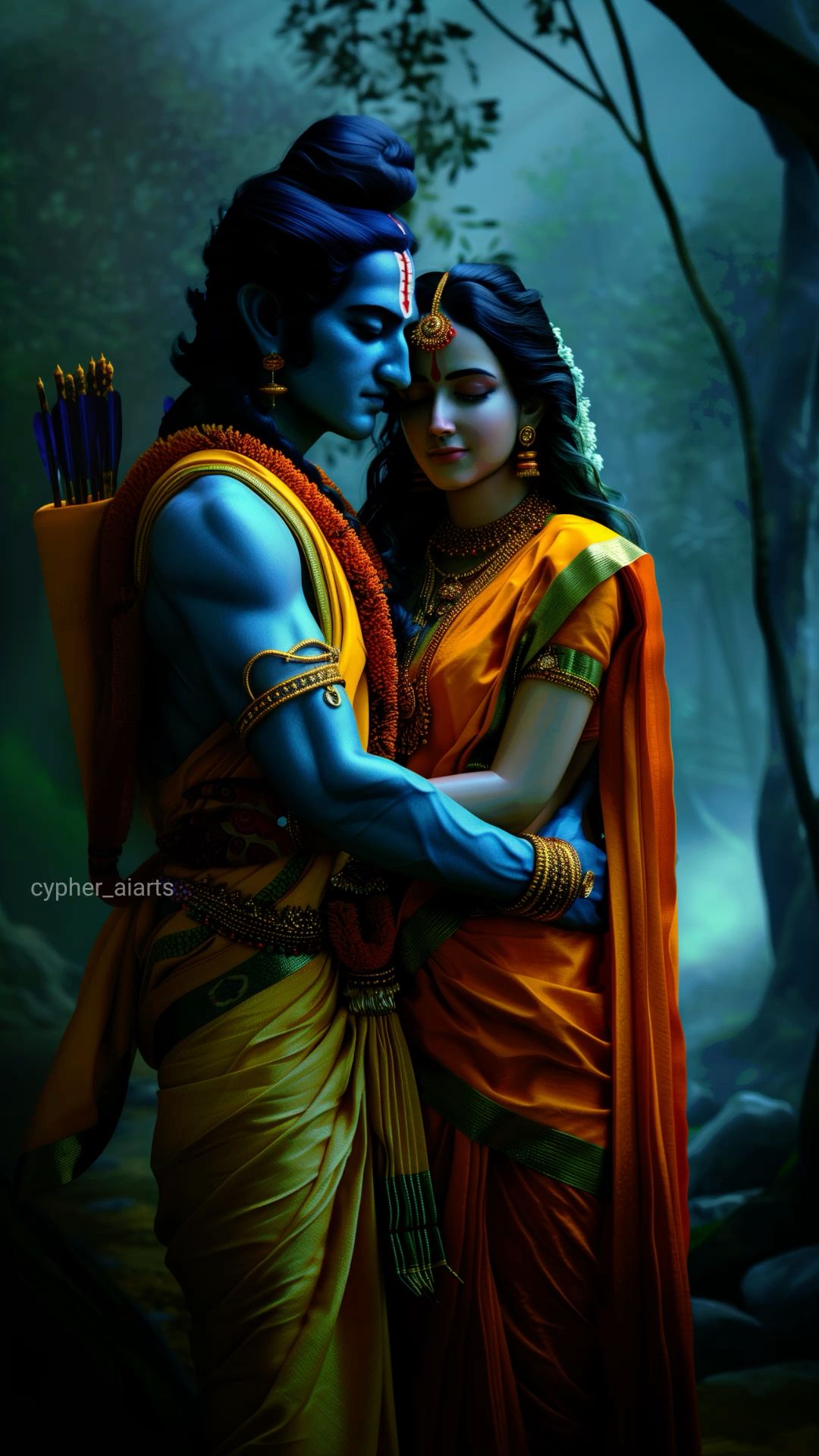 Ram and Sita embrace in forest
