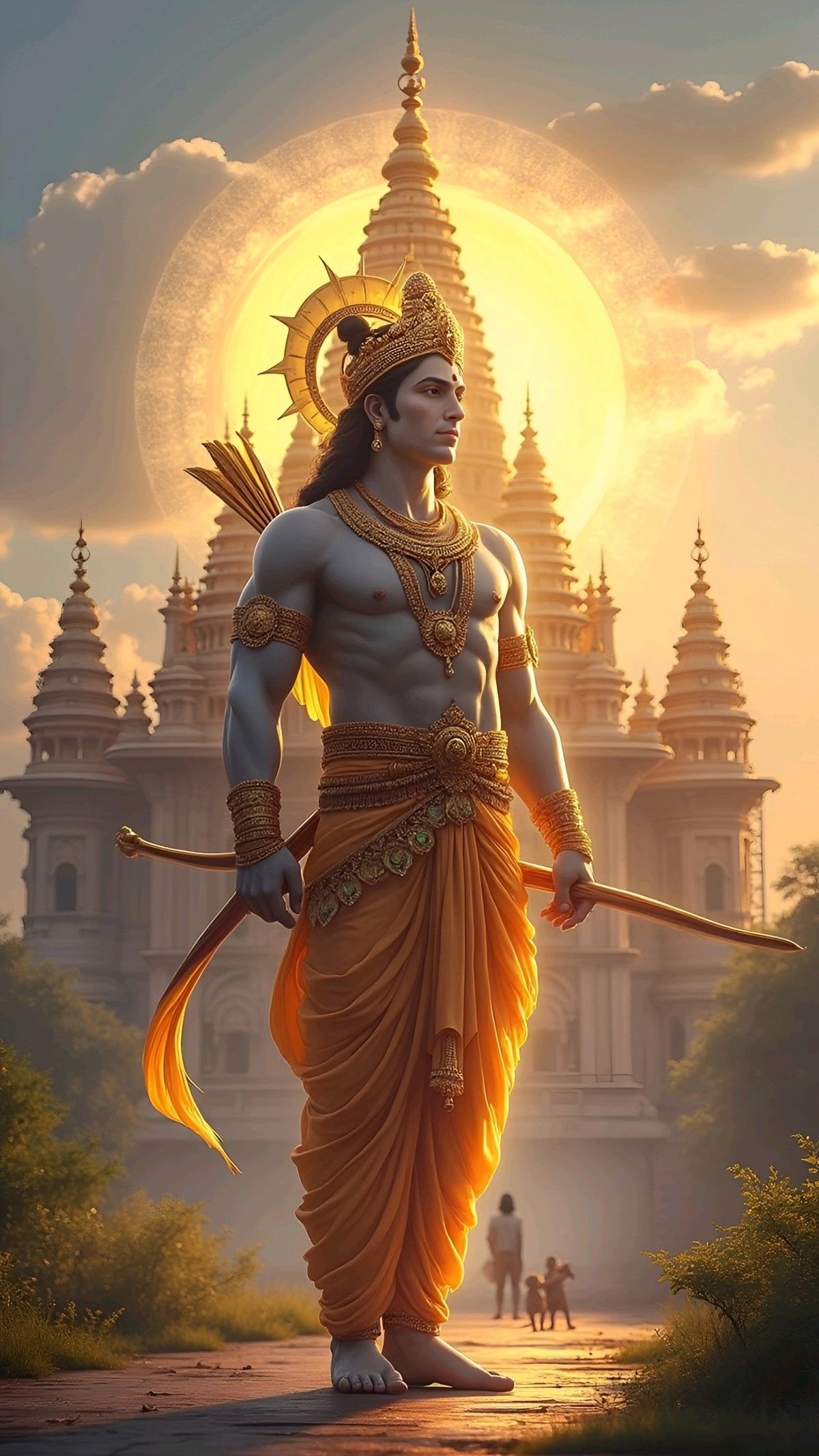 Lord Ram stands with bow and arrow.