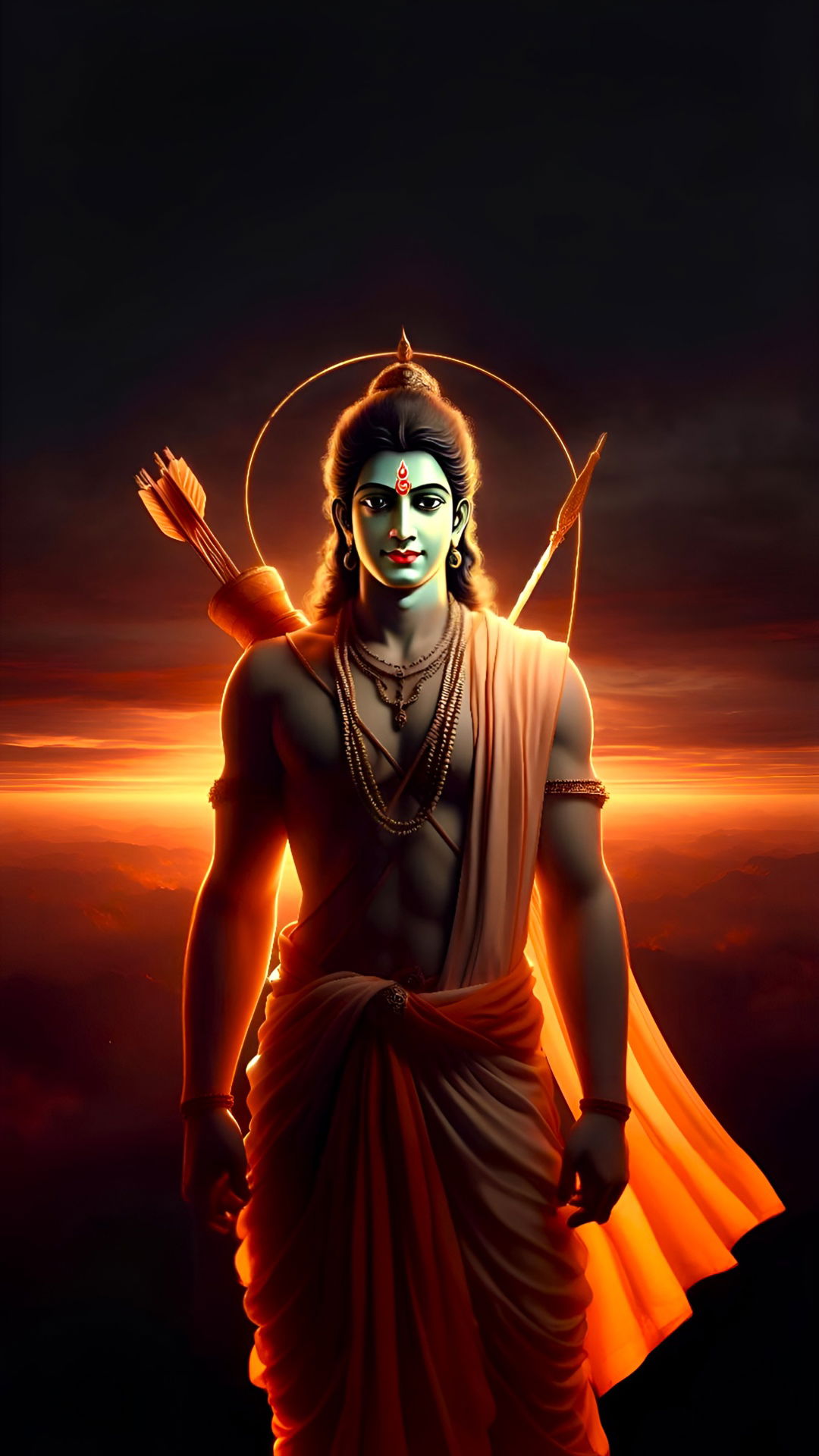 Lord Ram poised with bow and arrow.