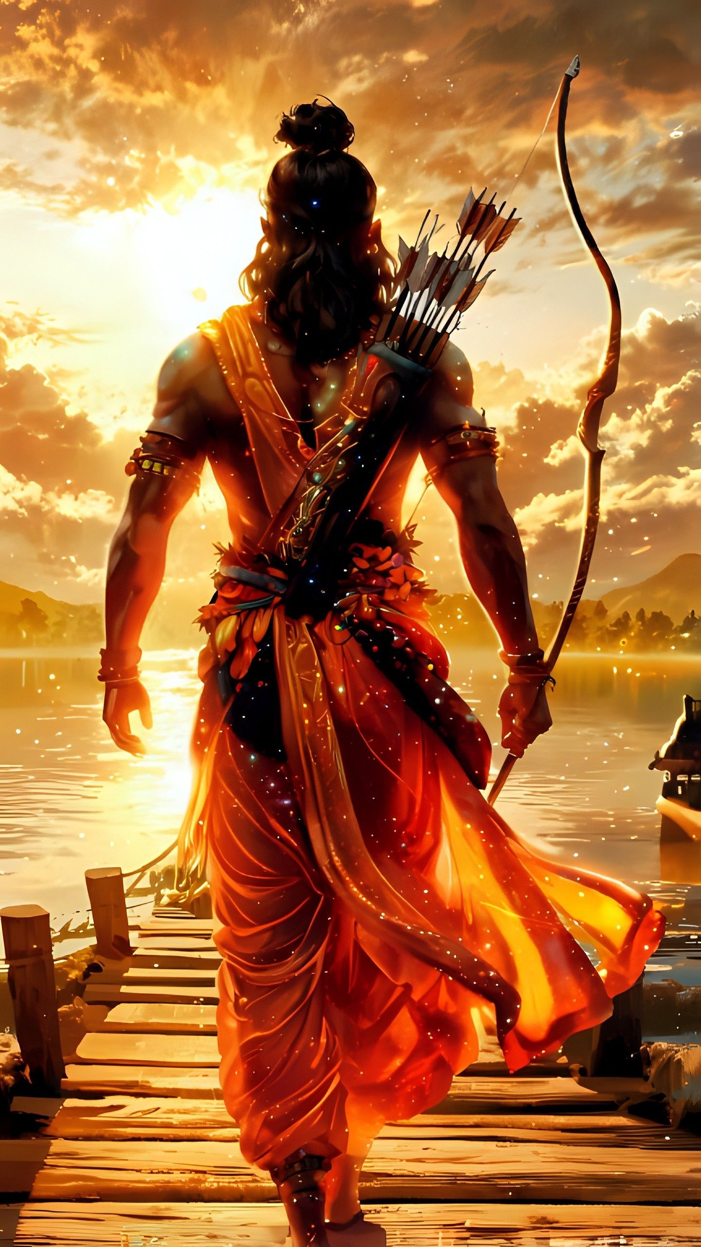 Lord Ram with bow, sunset backdrop