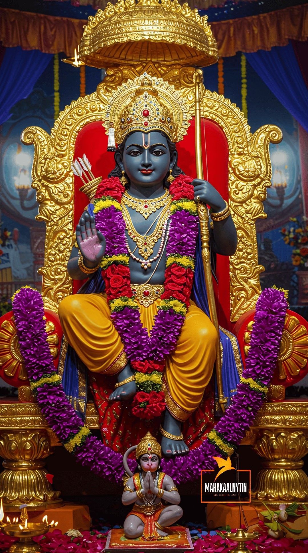 Lord Ram seated on a throne with Hanuman