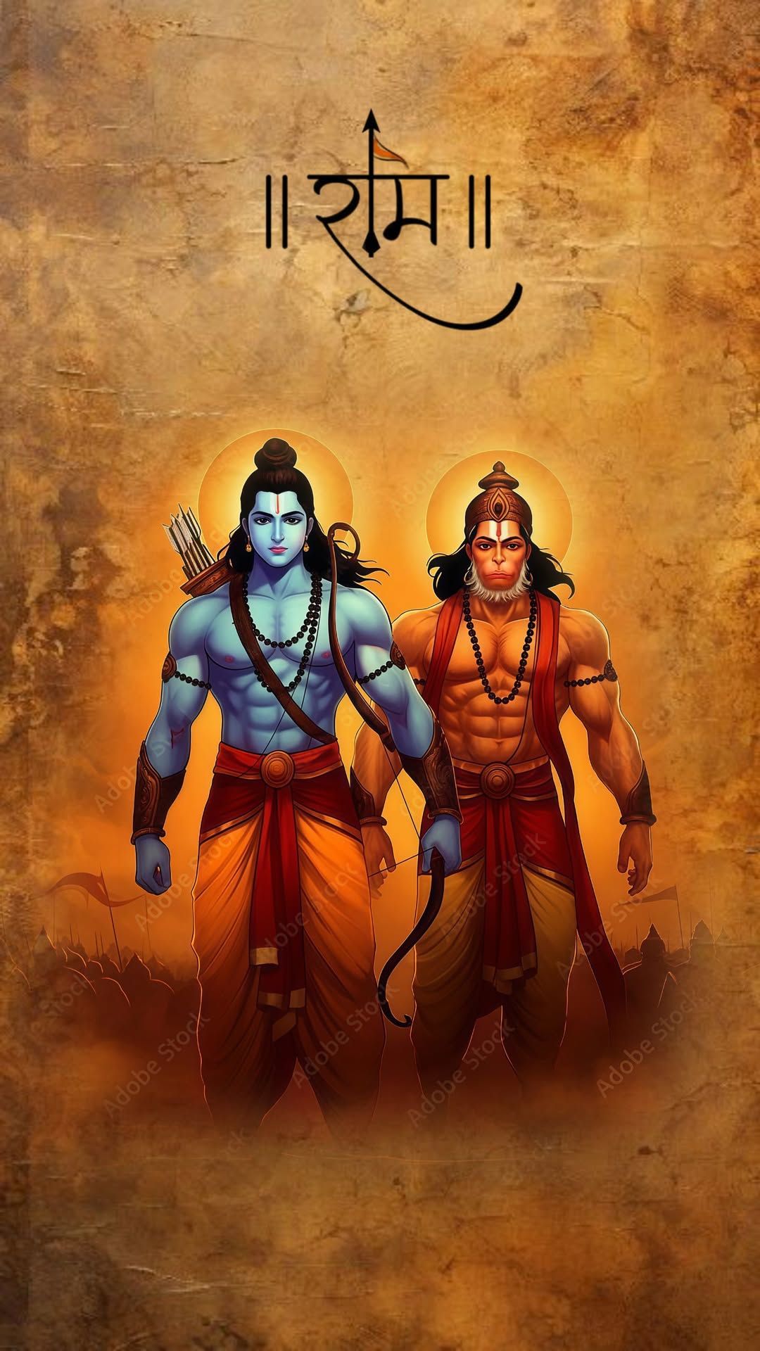 Ram and Hanuman stand with bow and arrow