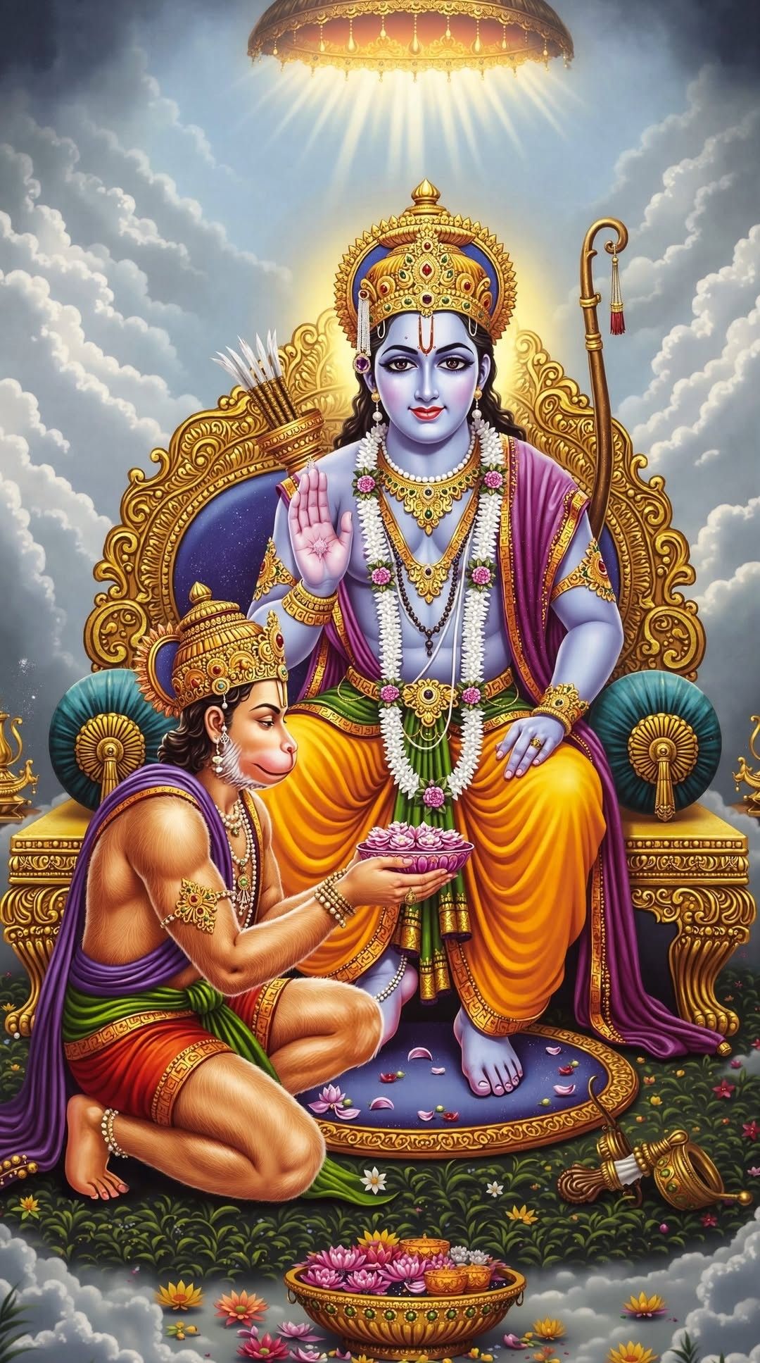 Lord Ram with Hanuman offering lotus