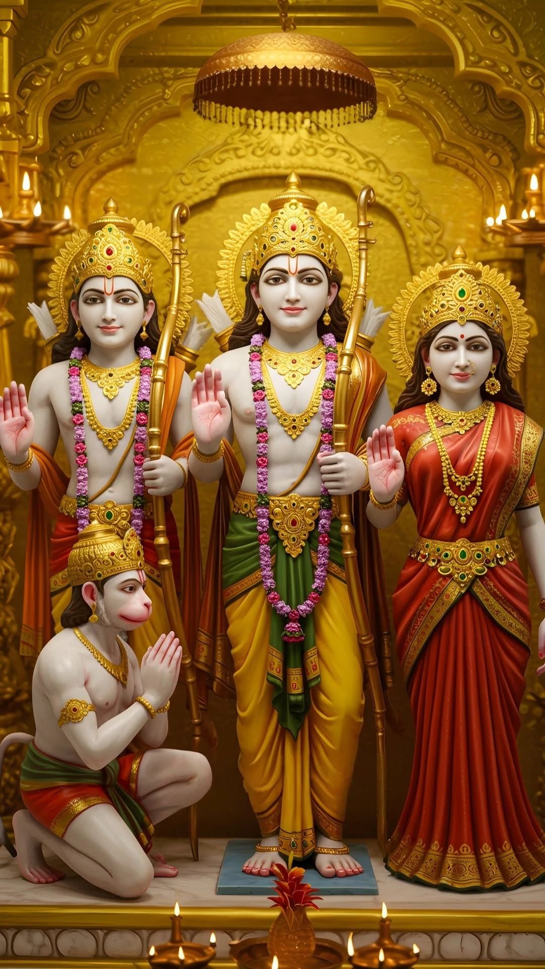 Ram, Sita, Lakshman with Hanuman statue