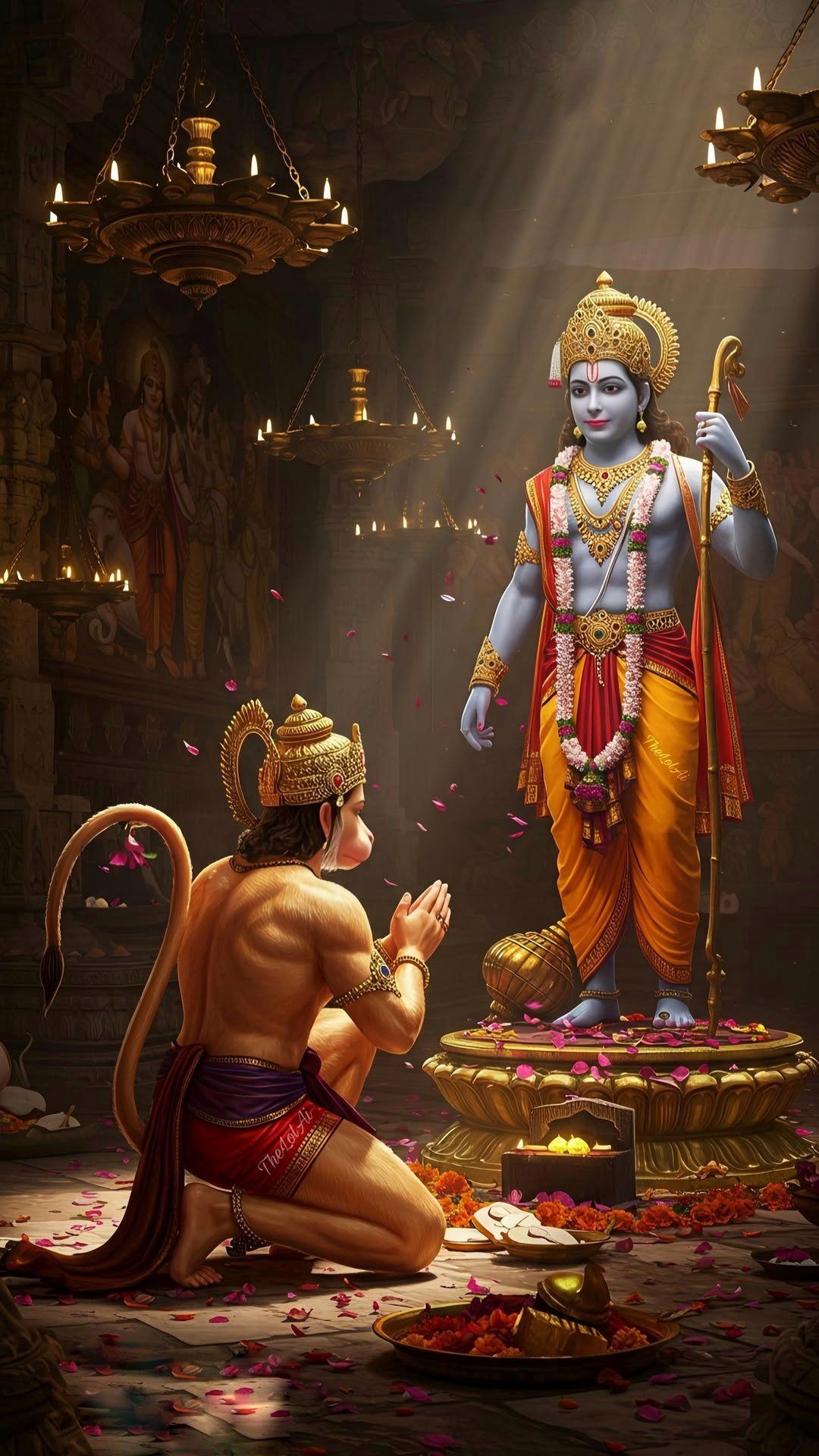 Lord Ram and Hanuman in devotional scene