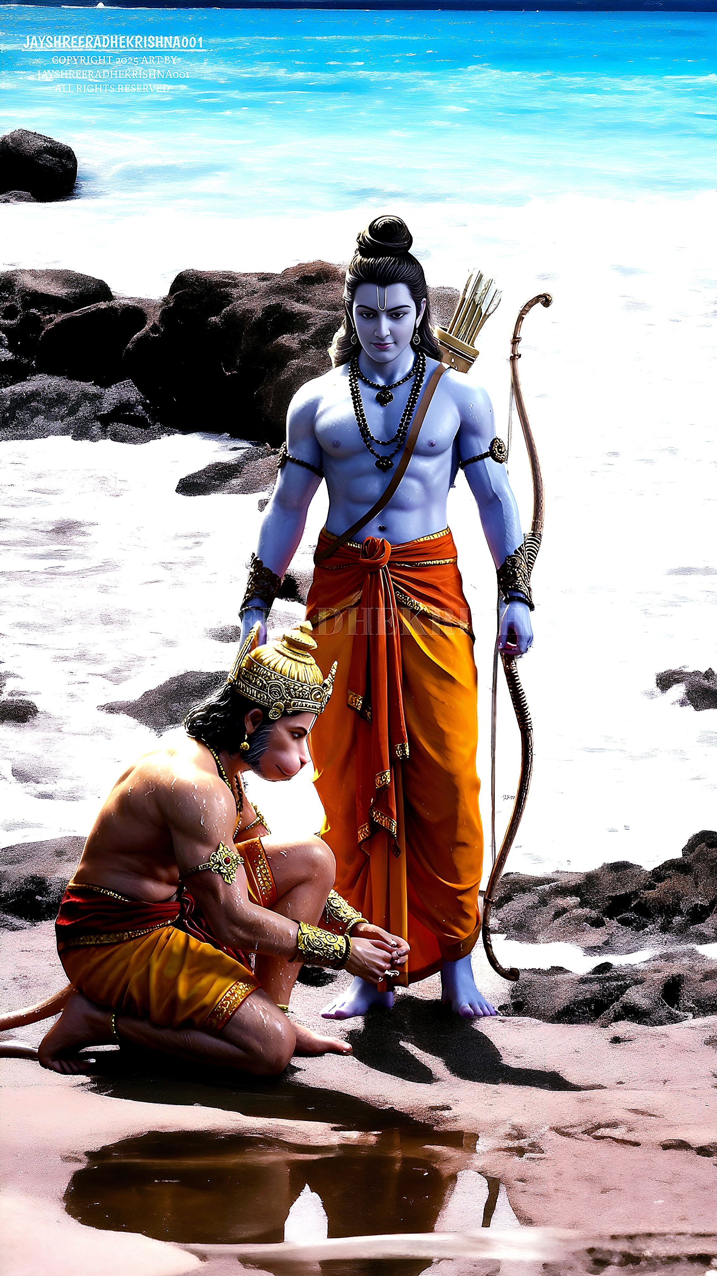 Lord Ram with devoted Hanuman on beach