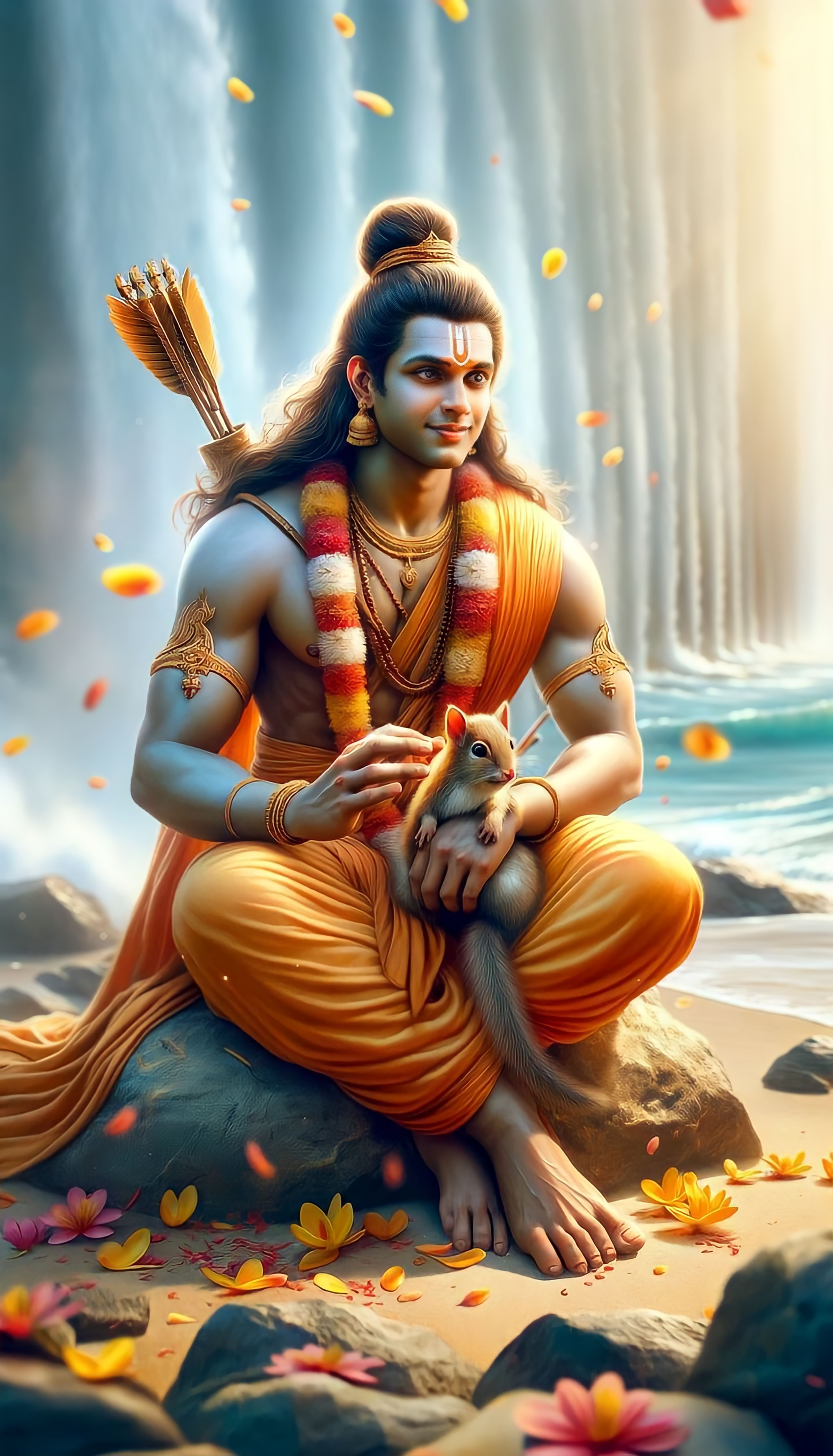 Lord Ram with divine squirrel by waterfall