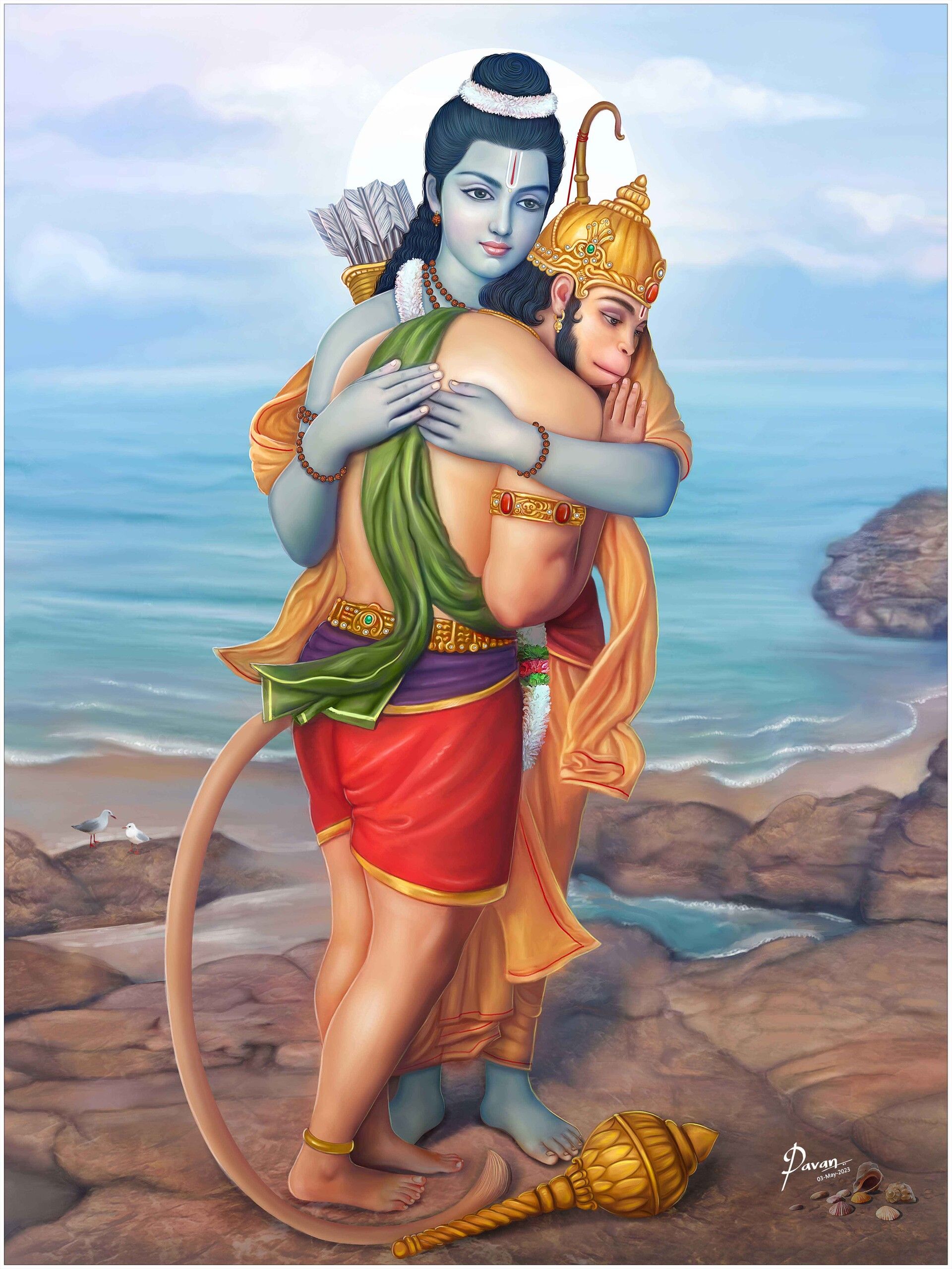 Ram embraces Hanuman on a beach