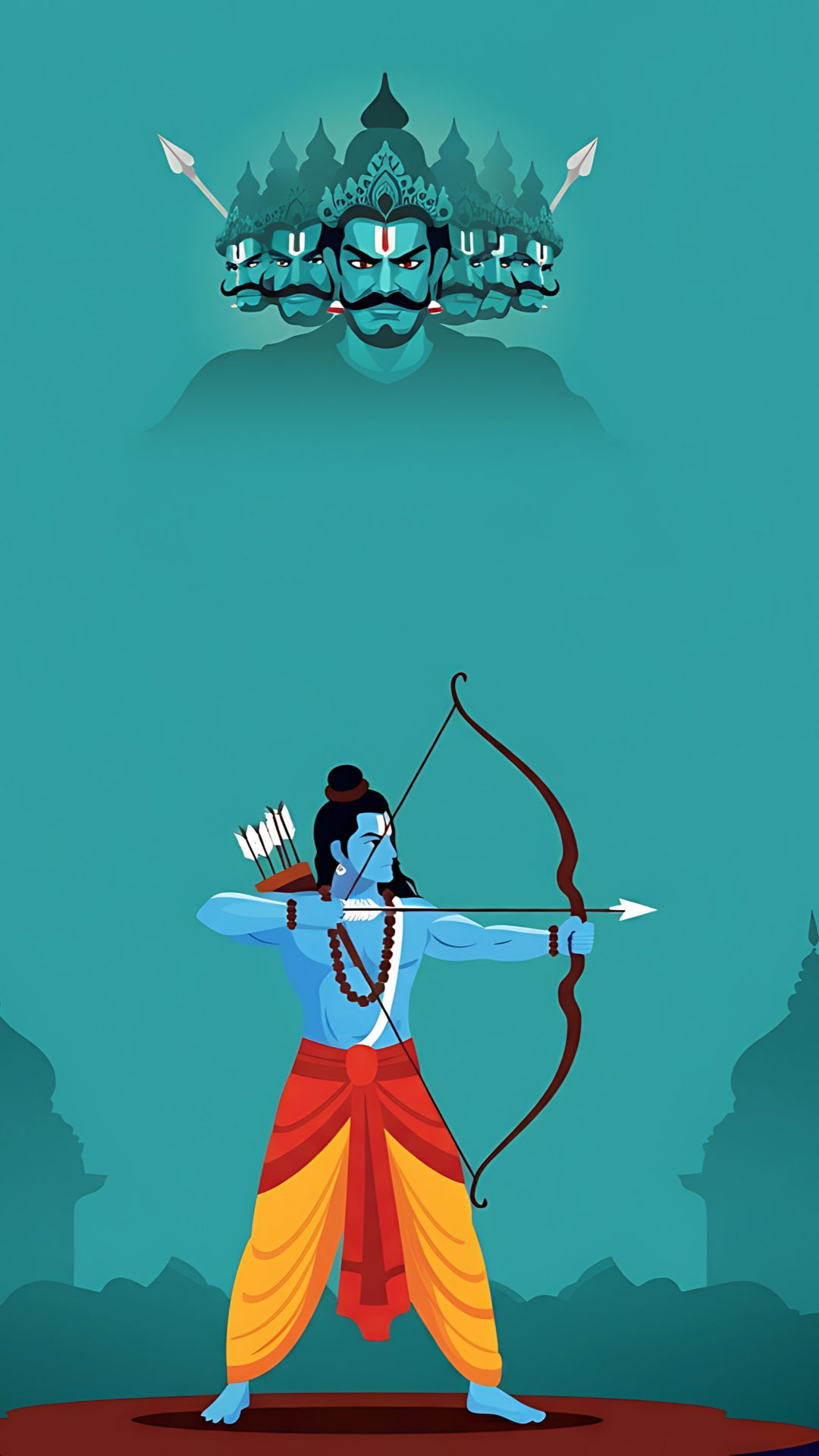 Lord Ram aiming arrow at Ravana