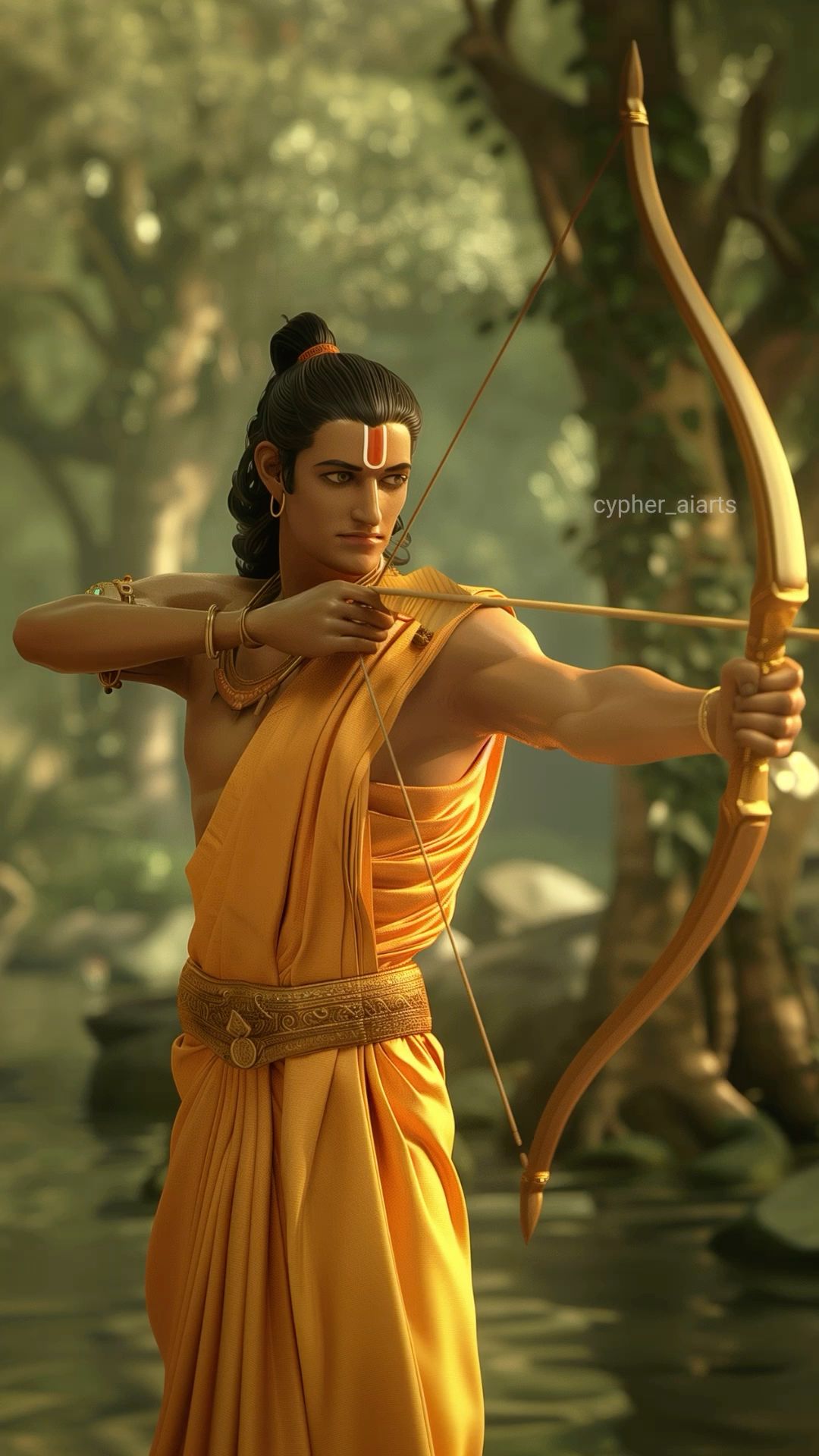 Ram aiming arrow in forest scene