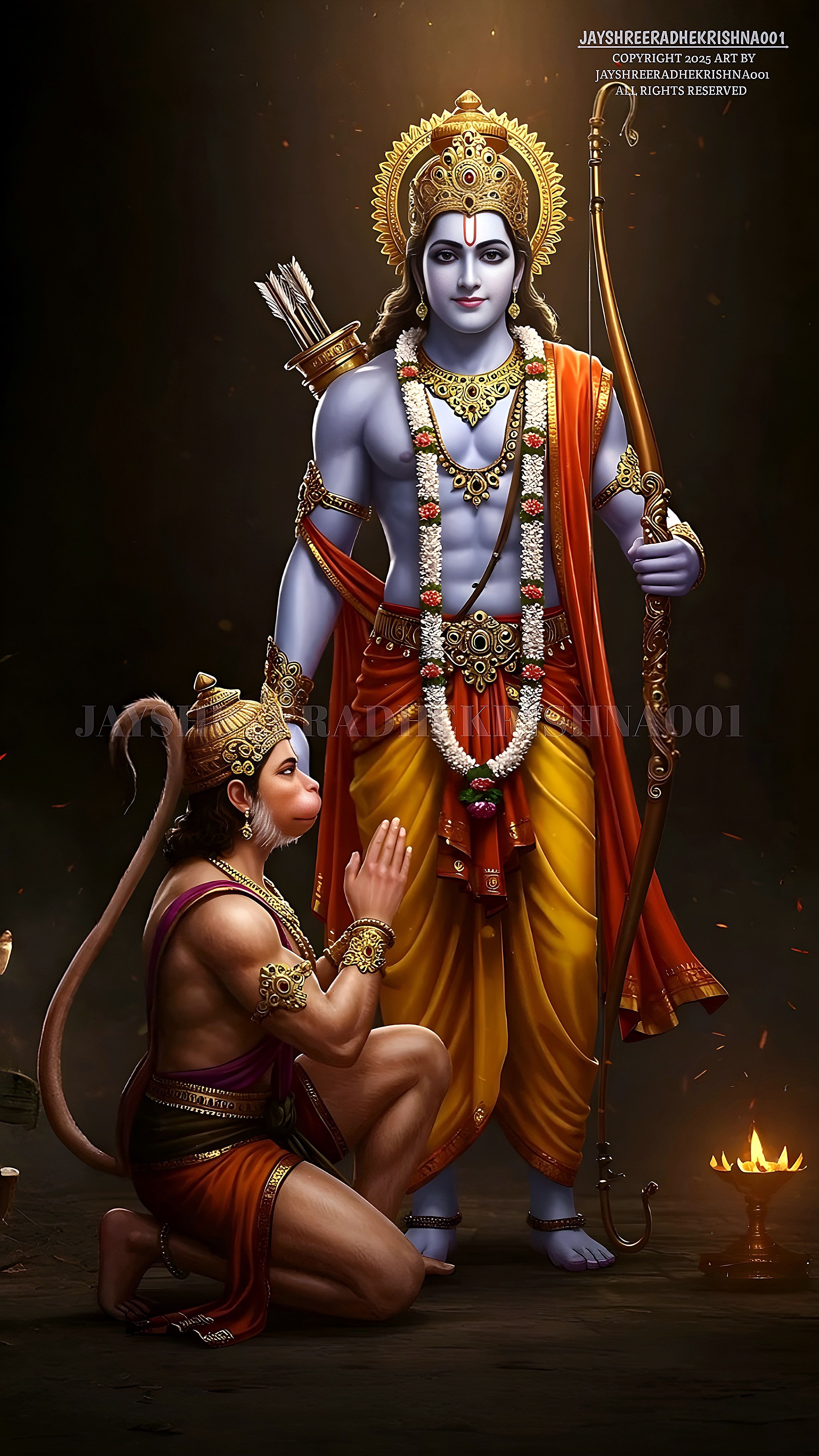 Lord Ram with Hanuman in prayer.