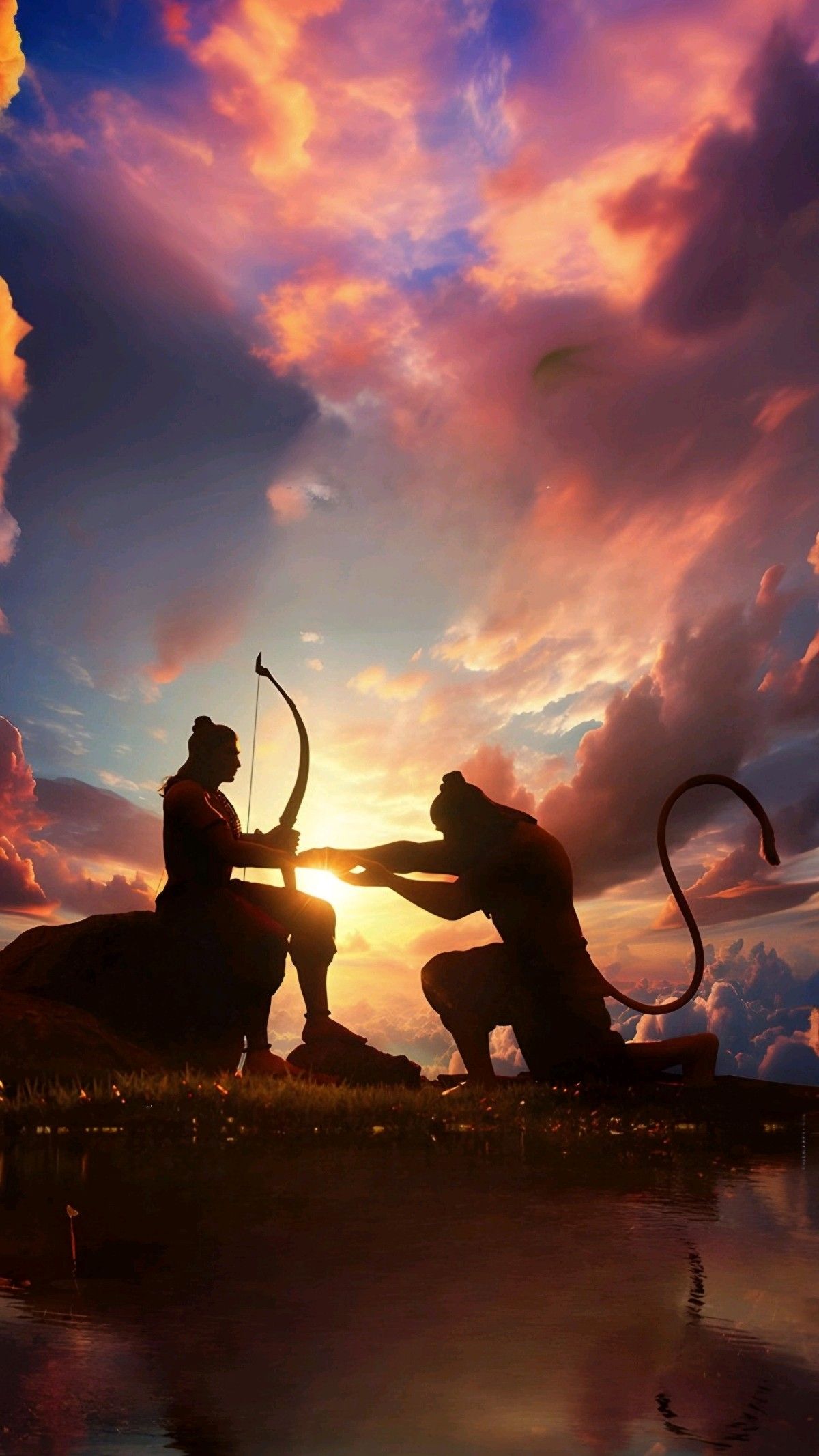 Ram and Hanuman silhouette sunset devotion